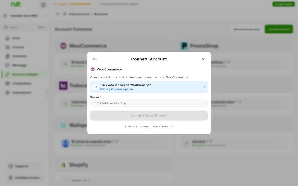 Schermata dell'app Ruit per collegare un account WooCommerce