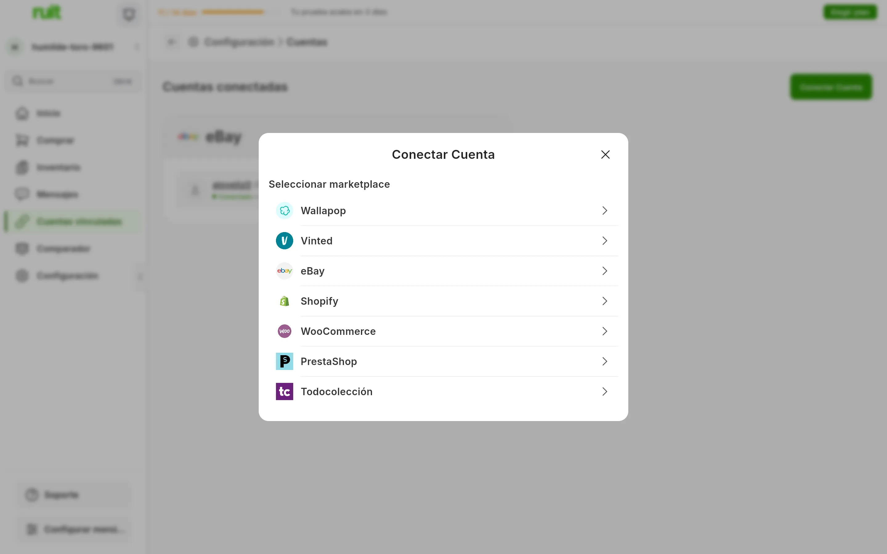El selector de marketplace que se abre al pulsar Conectar Cuenta en RUIT, con siete opciones: Wallapop, Vinted, eBay, Shopify, WooCommerce, PrestaShop y Todocolección