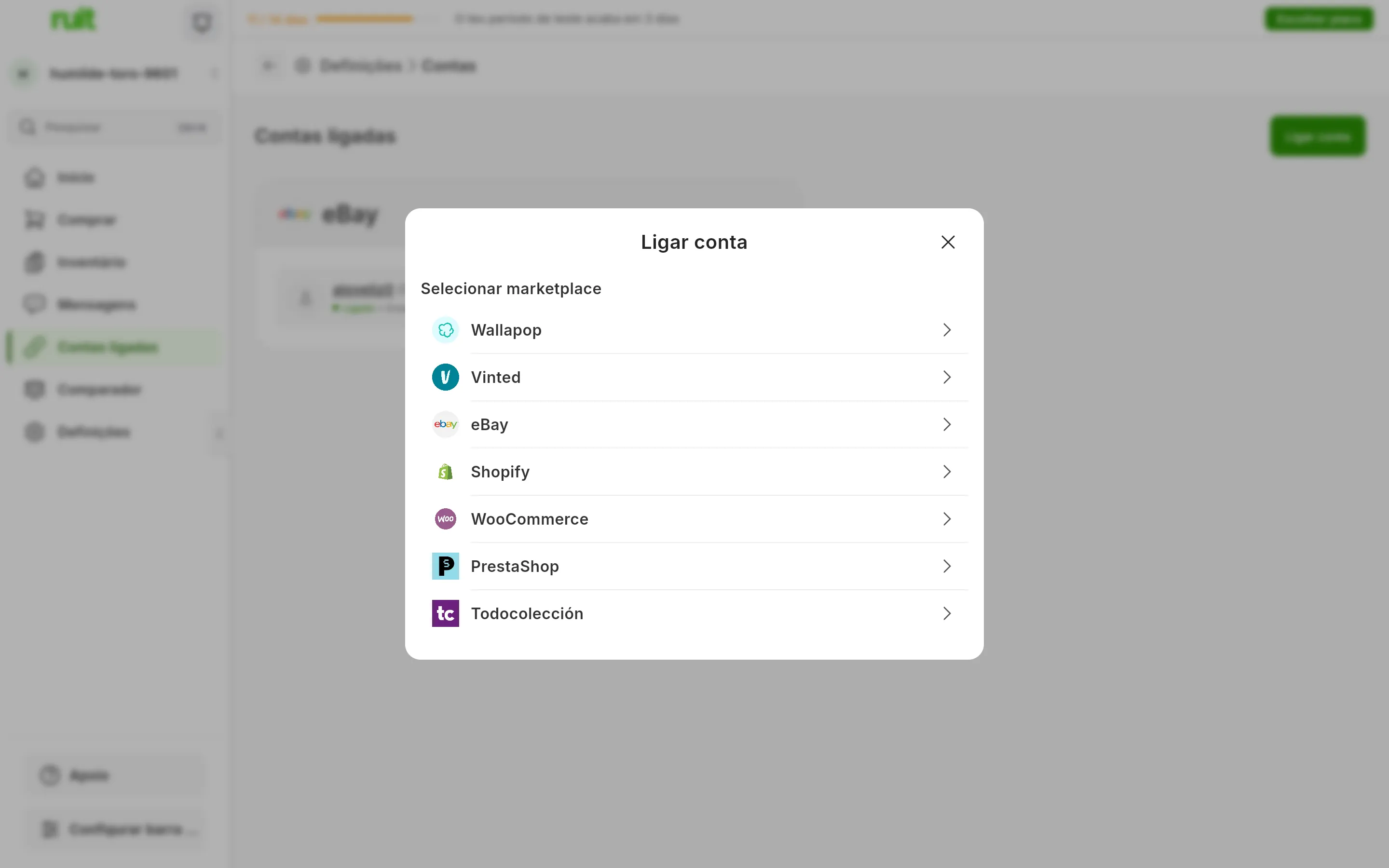 O seletor de marketplace que se abre ao carregar em Ligar conta no RUIT, com sete opções: Wallapop, Vinted, eBay, Shopify, WooCommerce, PrestaShop e Todocolección