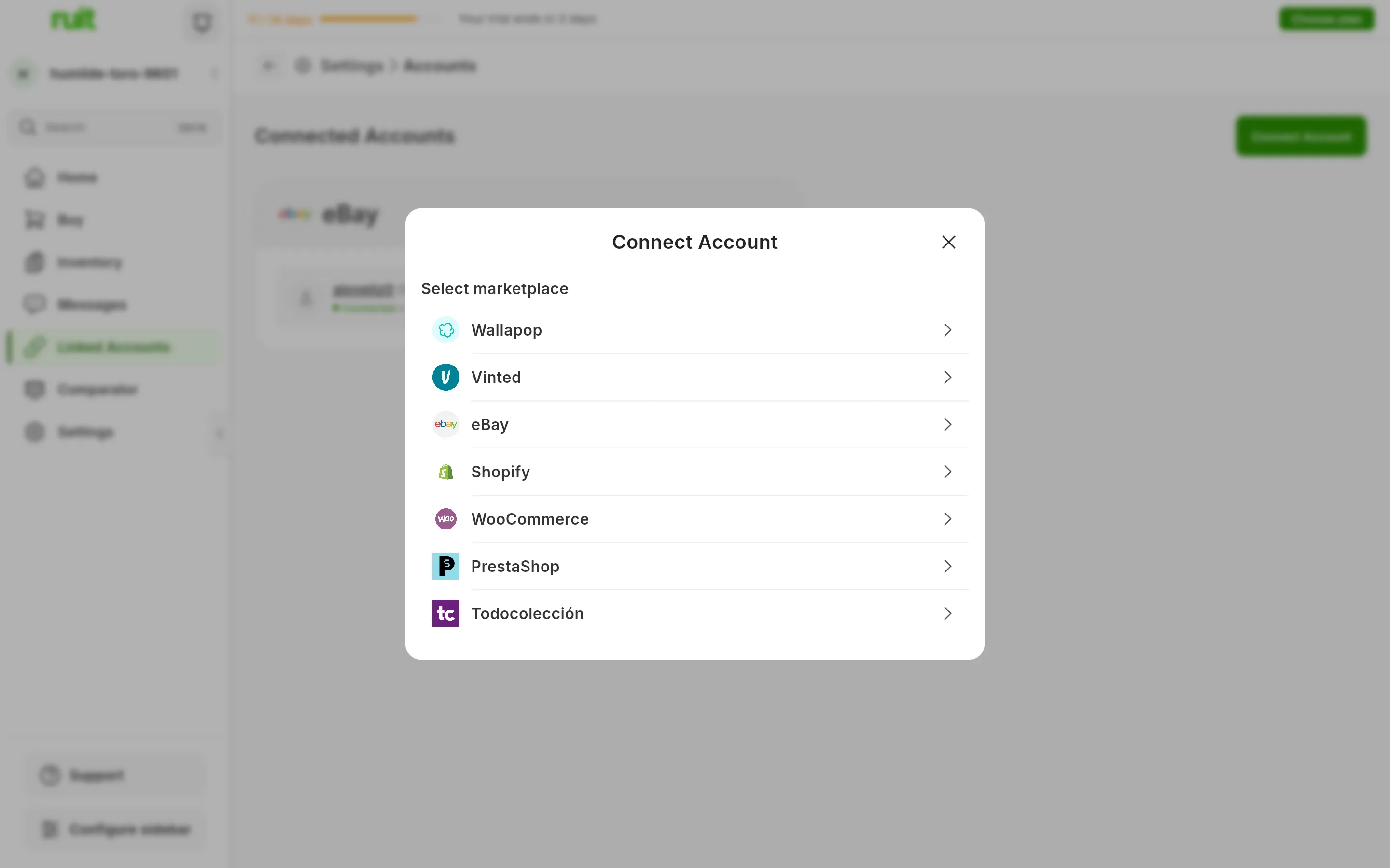 The marketplace selector that opens when you press Connect Account in RUIT, with seven options: Wallapop, Vinted, eBay, Shopify, WooCommerce, PrestaShop and Todocolección