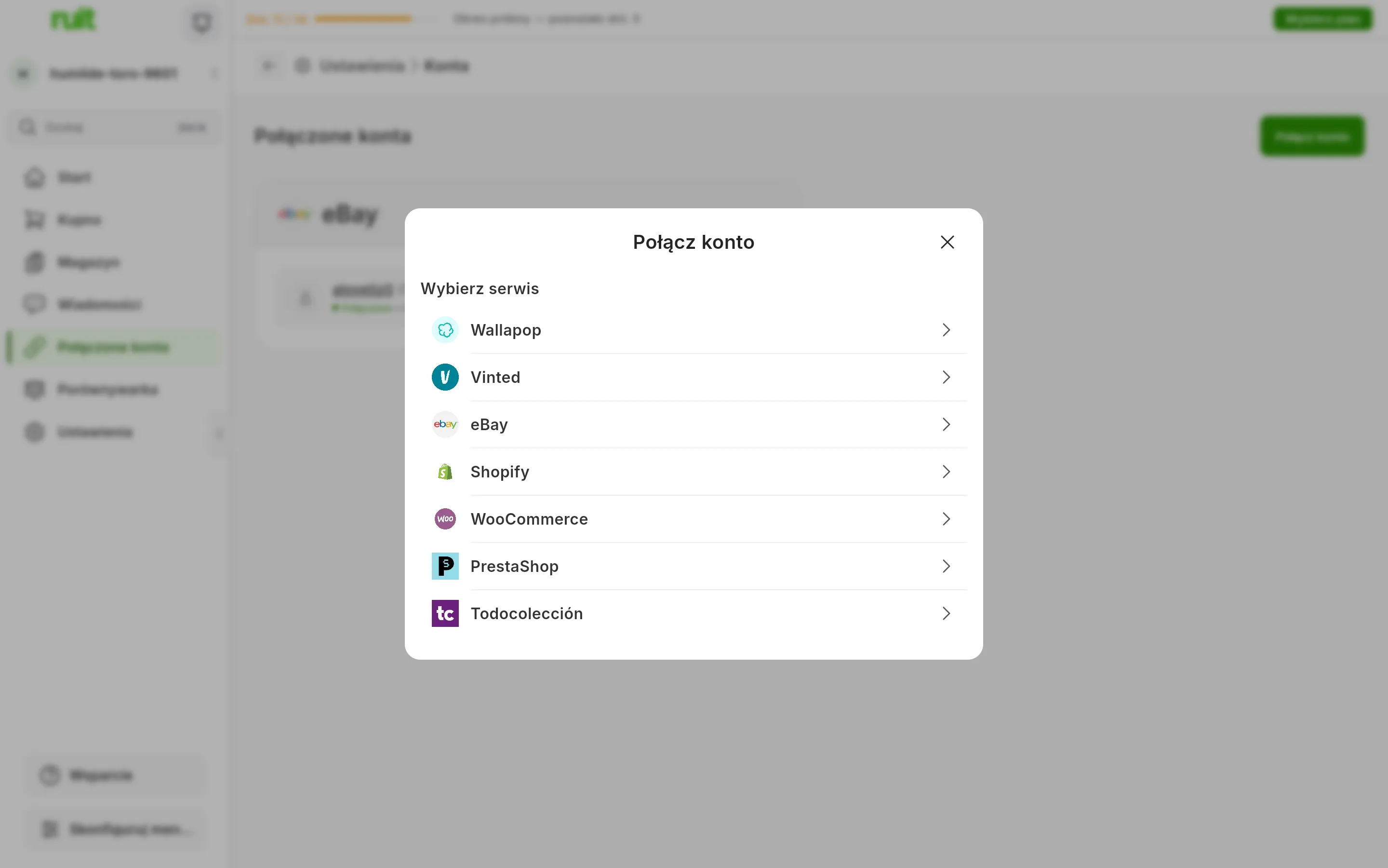 Okno wyboru serwisu, które otwiera się po naciśnięciu Połącz konto w RUIT, z siedmioma opcjami: Wallapop, Vinted, eBay, Shopify, WooCommerce, PrestaShop i Todocolección