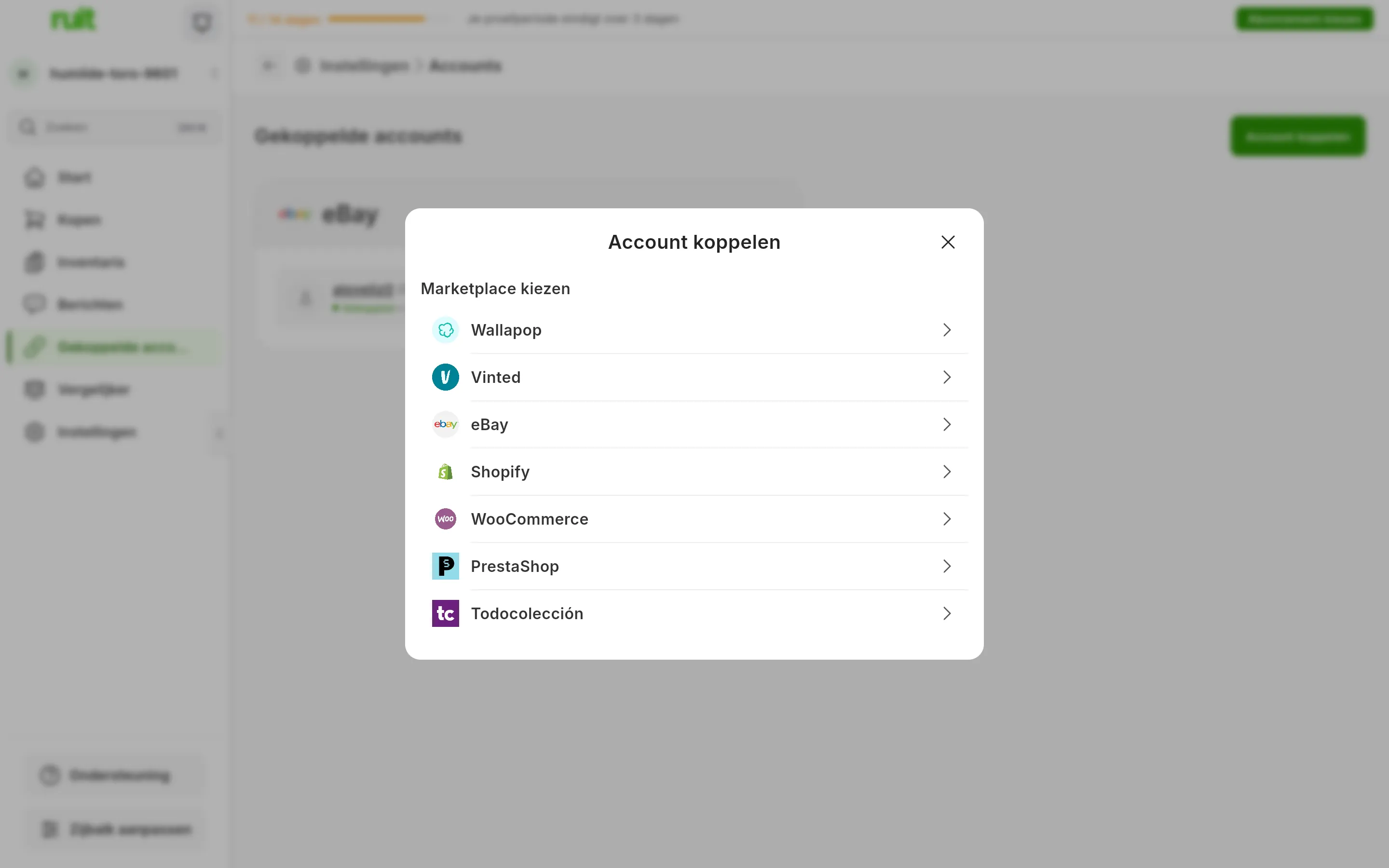 Het venster om een marketplace te kiezen dat opengaat als je in RUIT op Account koppelen drukt, met zeven opties: Wallapop, Vinted, eBay, Shopify, WooCommerce, PrestaShop en Todocolección