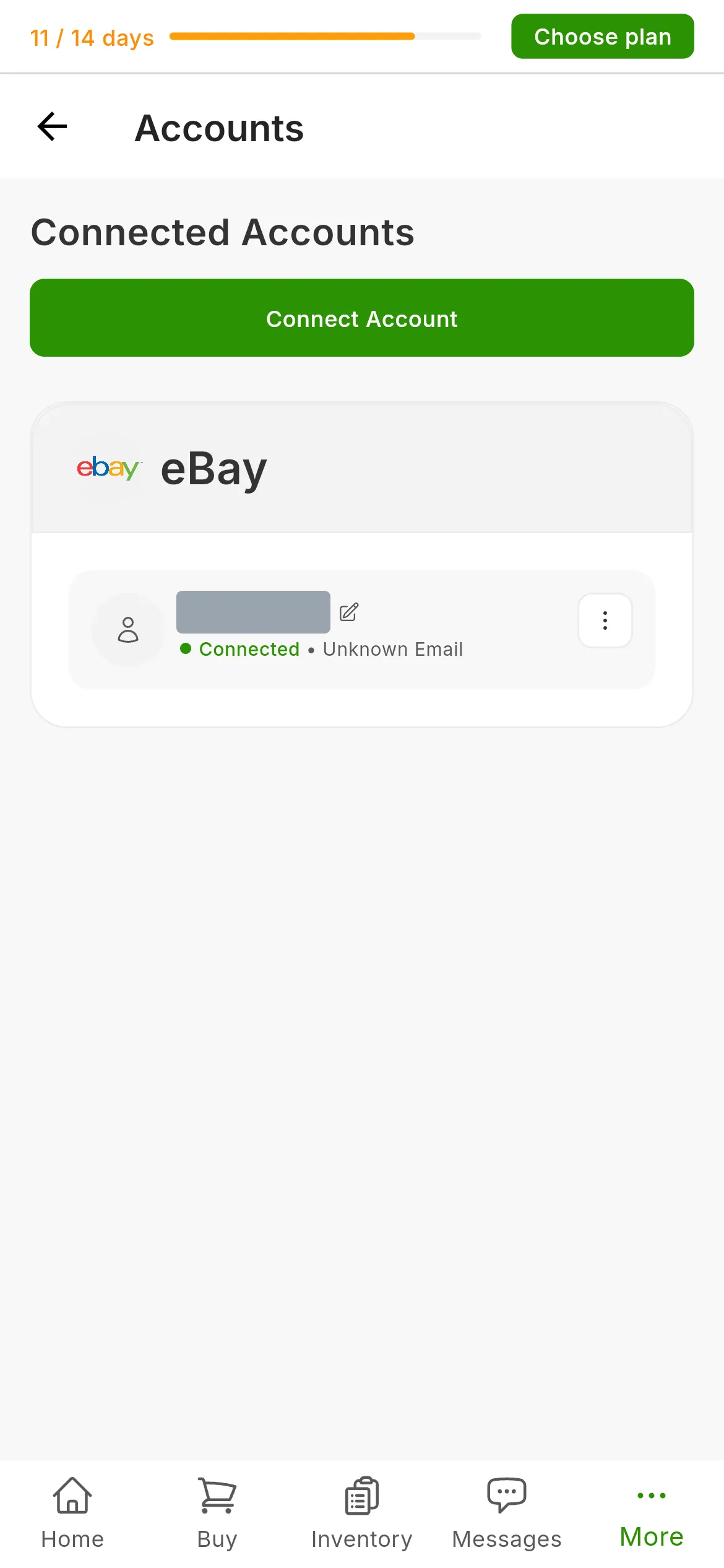 The RUIT Accounts screen with the eBay account connected: the eBay card with the username and the connected status, and the Connect Account button at the top right