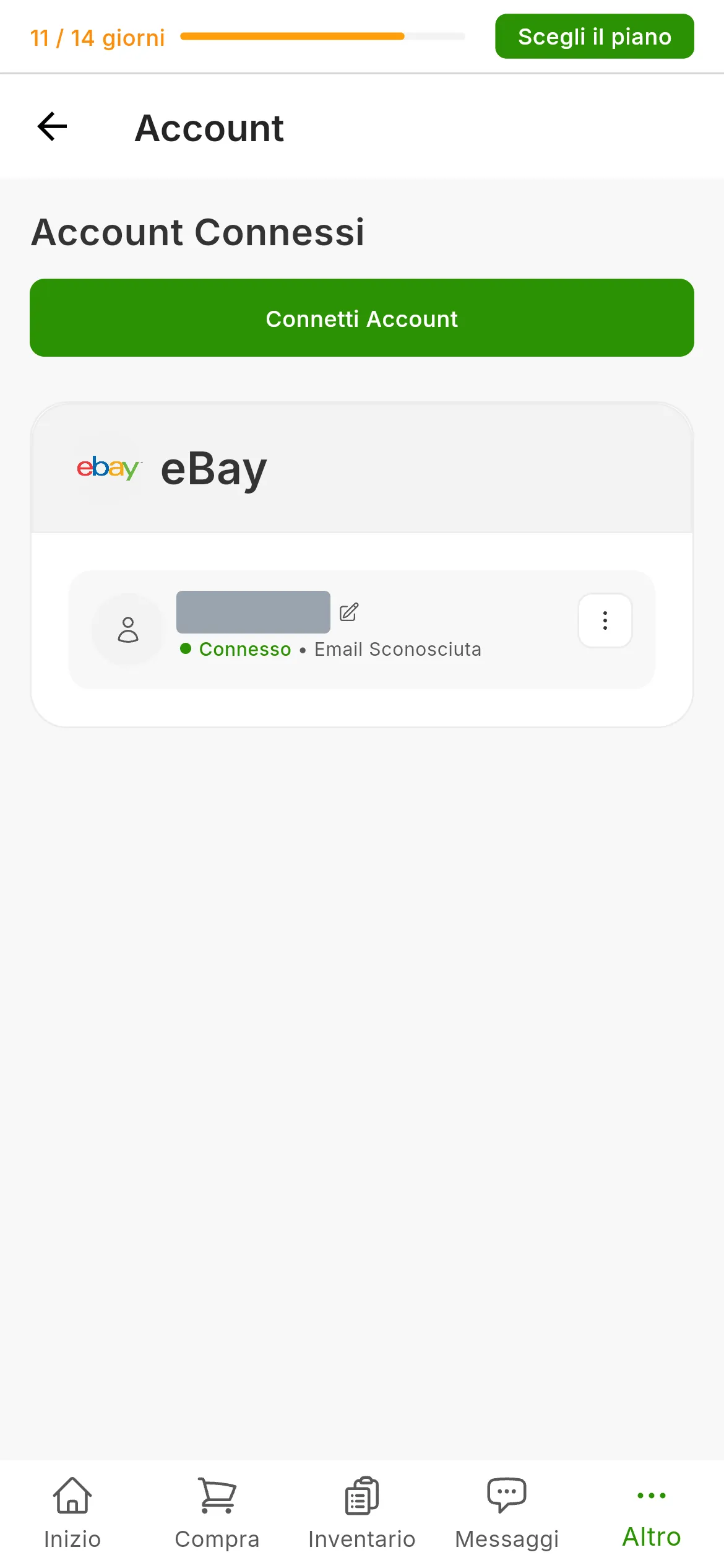 La schermata Account di RUIT con l'account eBay collegato: la scheda di eBay con il nome utente e lo stato di connesso, e il pulsante per connettere un account in alto a destra