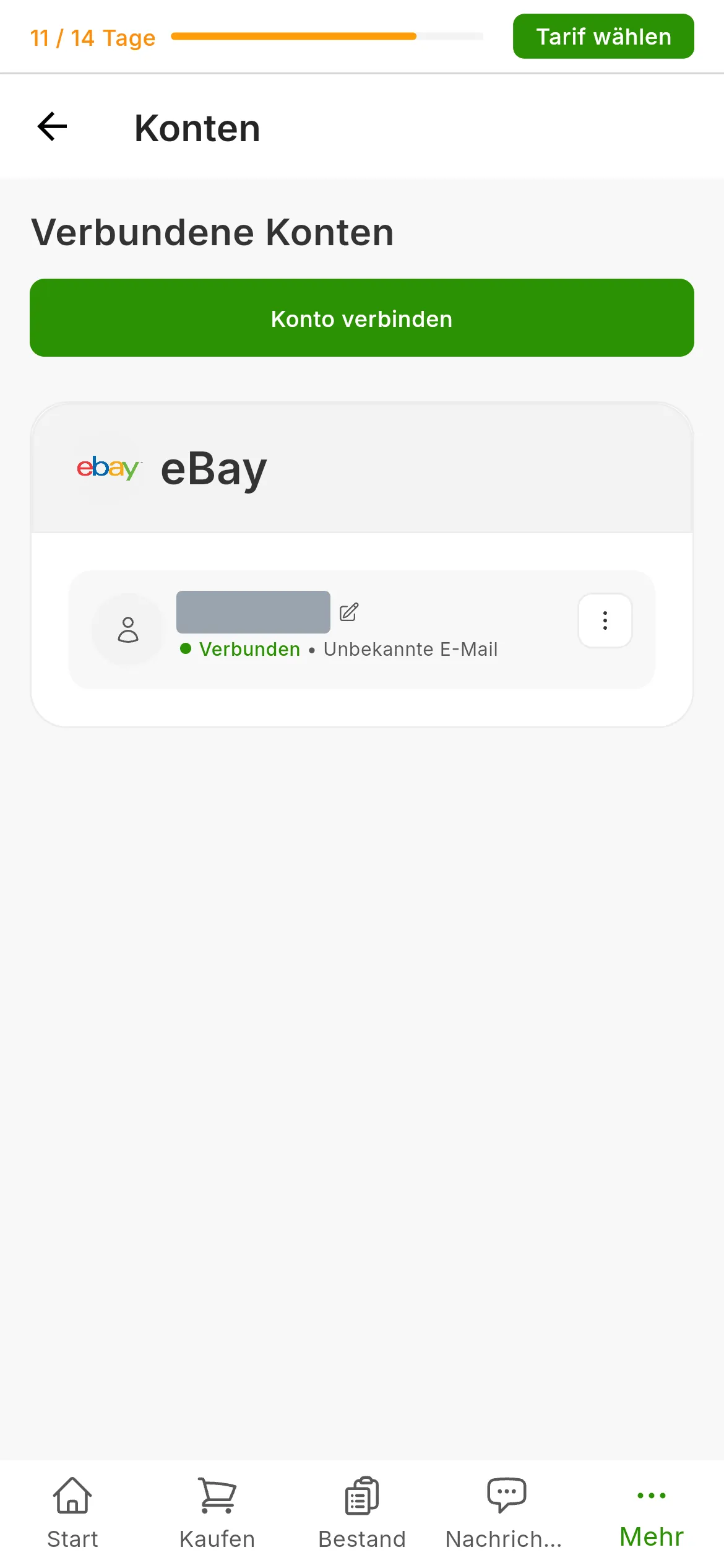 Der Bildschirm Konten von RUIT mit dem verbundenen eBay-Konto: die eBay-Karte mit dem Nutzernamen und dem Status Verbunden, und oben rechts die Schaltfläche Konto verbinden