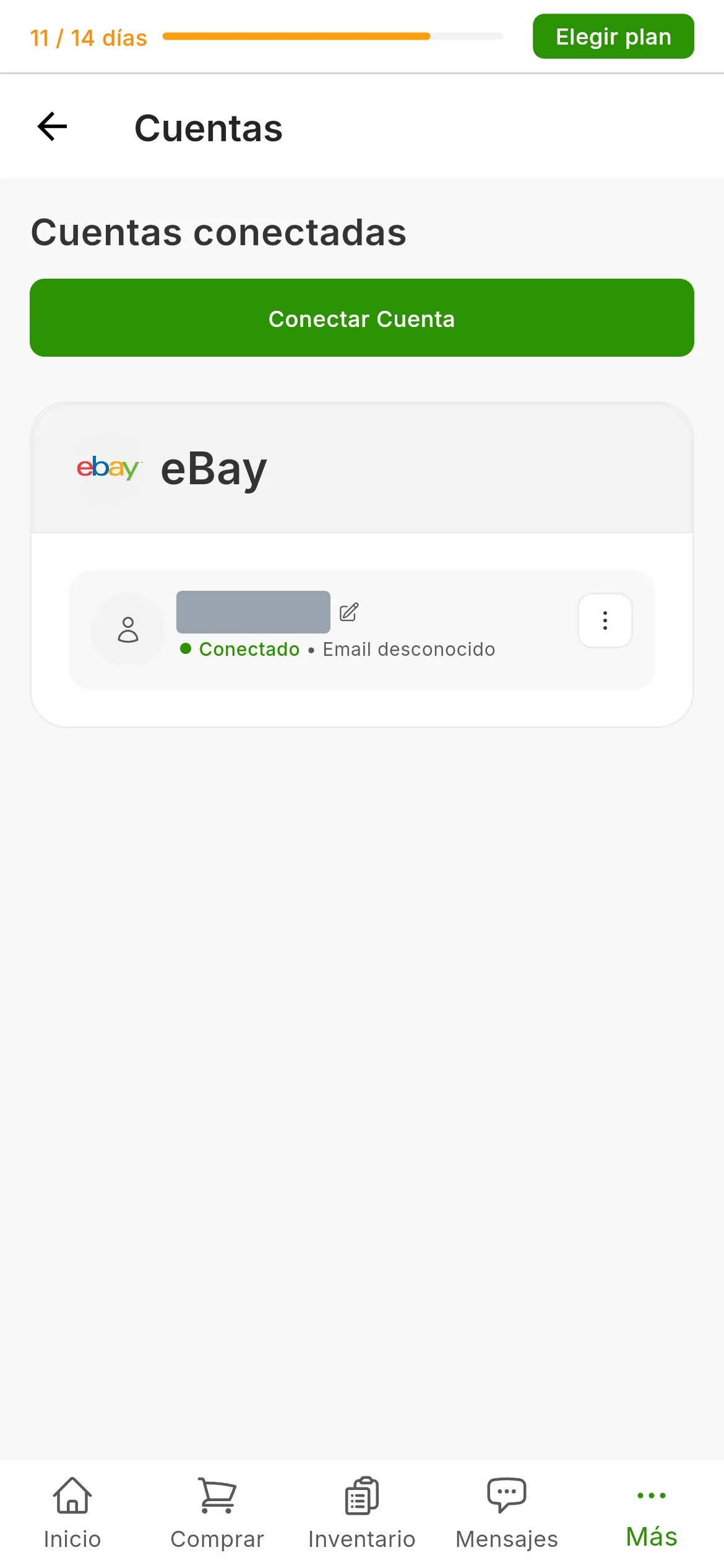 La pantalla de Cuentas de RUIT con la cuenta de eBay conectada: la tarjeta de eBay con el nombre de usuario y el estado de conectada, y el botón de conectar cuenta arriba a la derecha