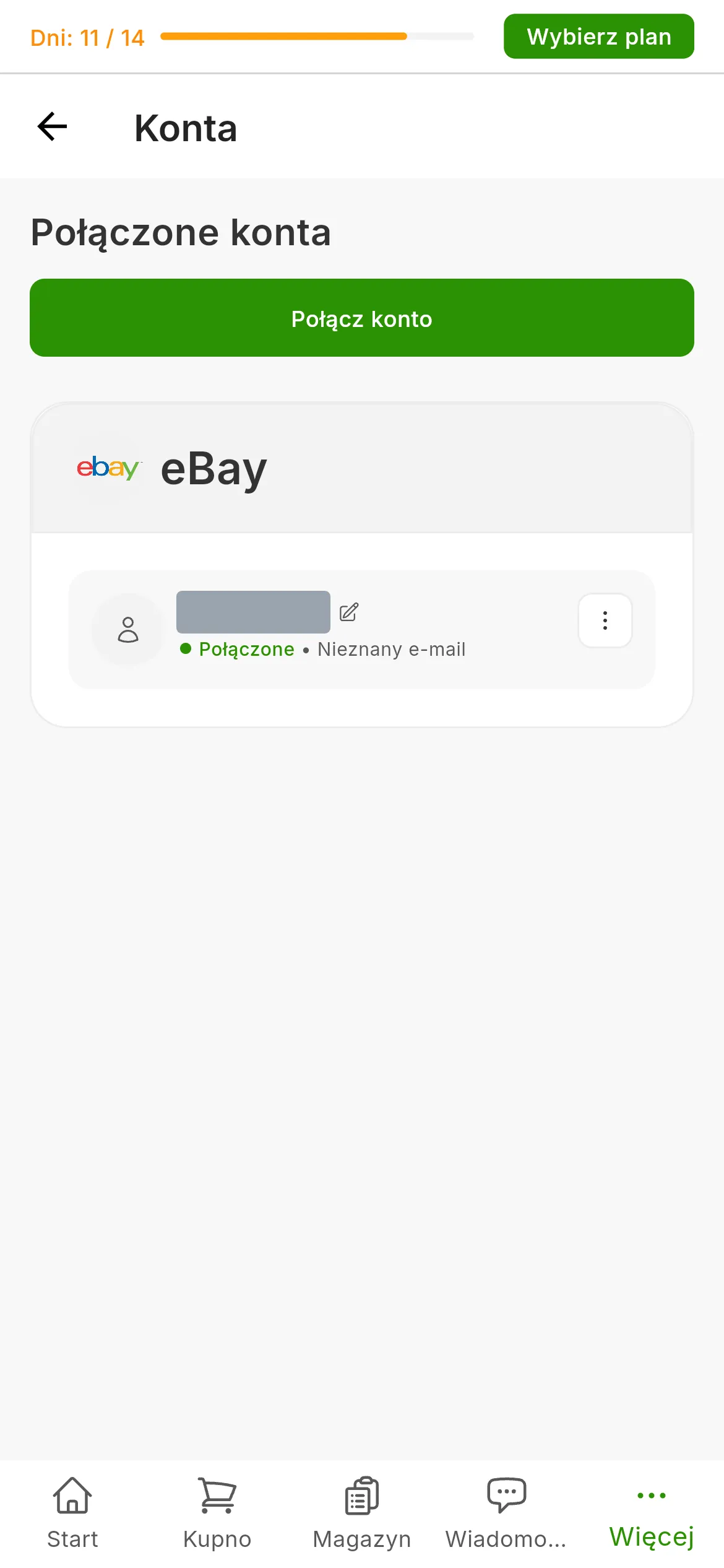 Ekran Konta w RUIT z połączonym kontem eBay: karta eBay z nazwą użytkownika i stanem Połączone oraz przycisk Połącz konto w prawym górnym rogu