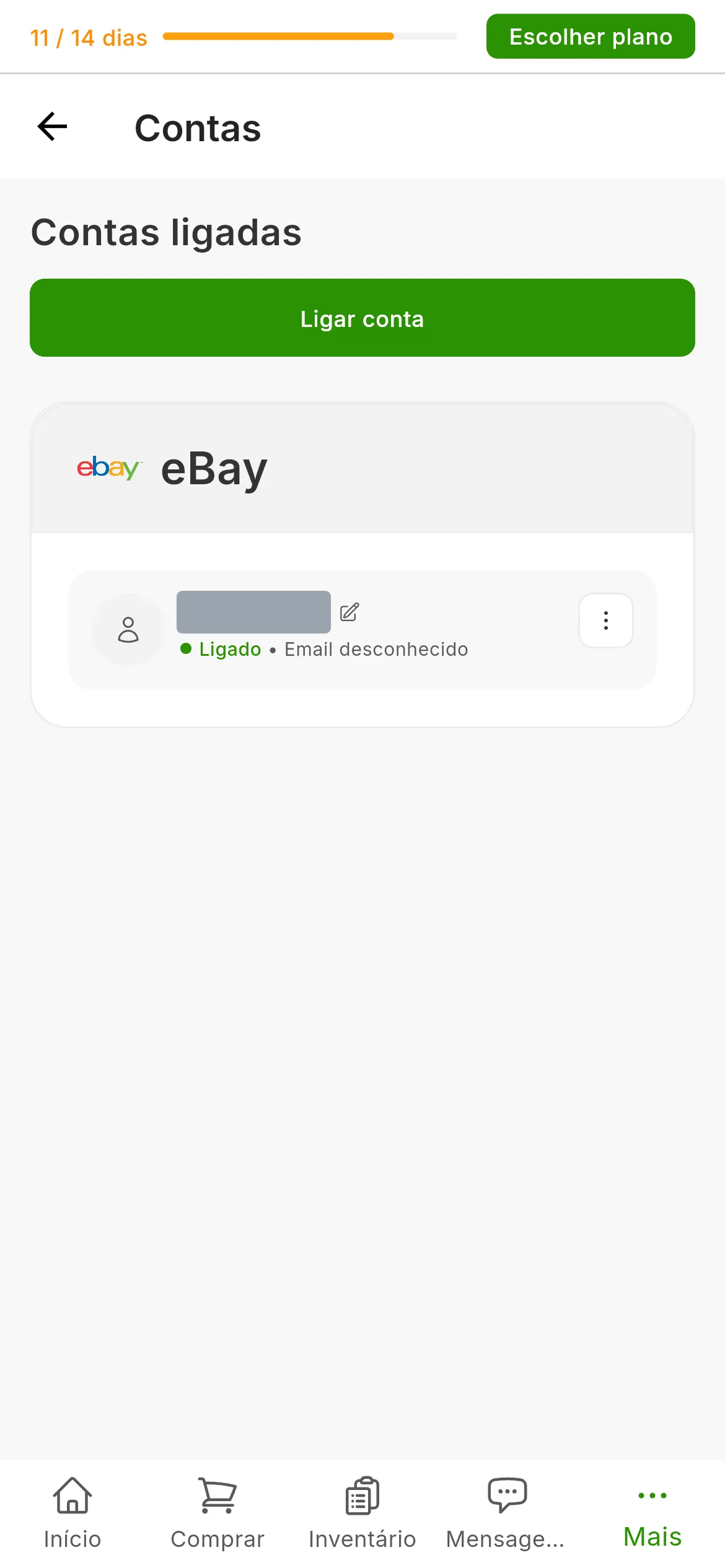 O ecrã Contas do RUIT com a conta do eBay ligada: o cartão do eBay com o nome de utilizador e o estado Ligado, e o botão de ligar conta no canto superior direito
