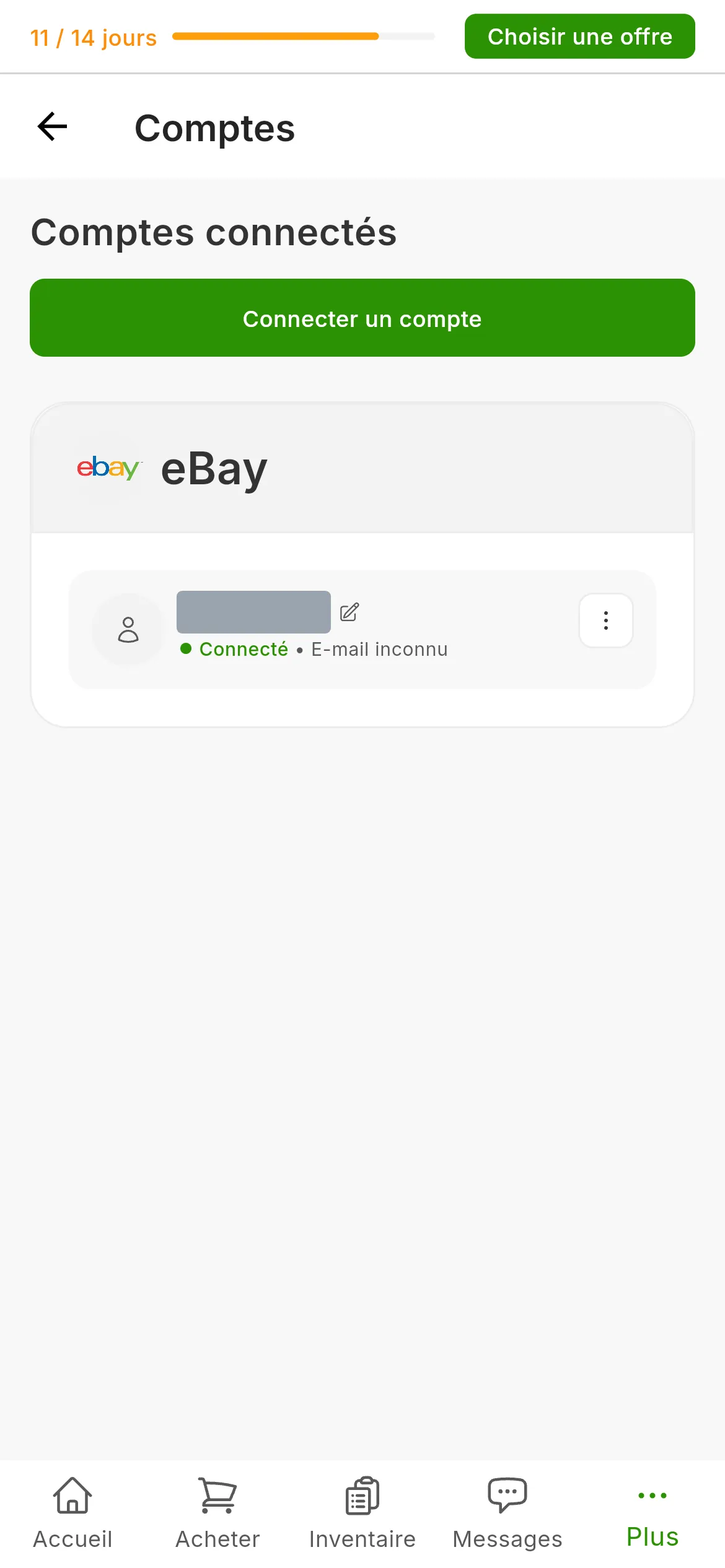 L'écran Comptes de RUIT avec le compte eBay connecté : la carte eBay avec le pseudo et l'état connecté, et le bouton pour connecter un compte en haut à droite