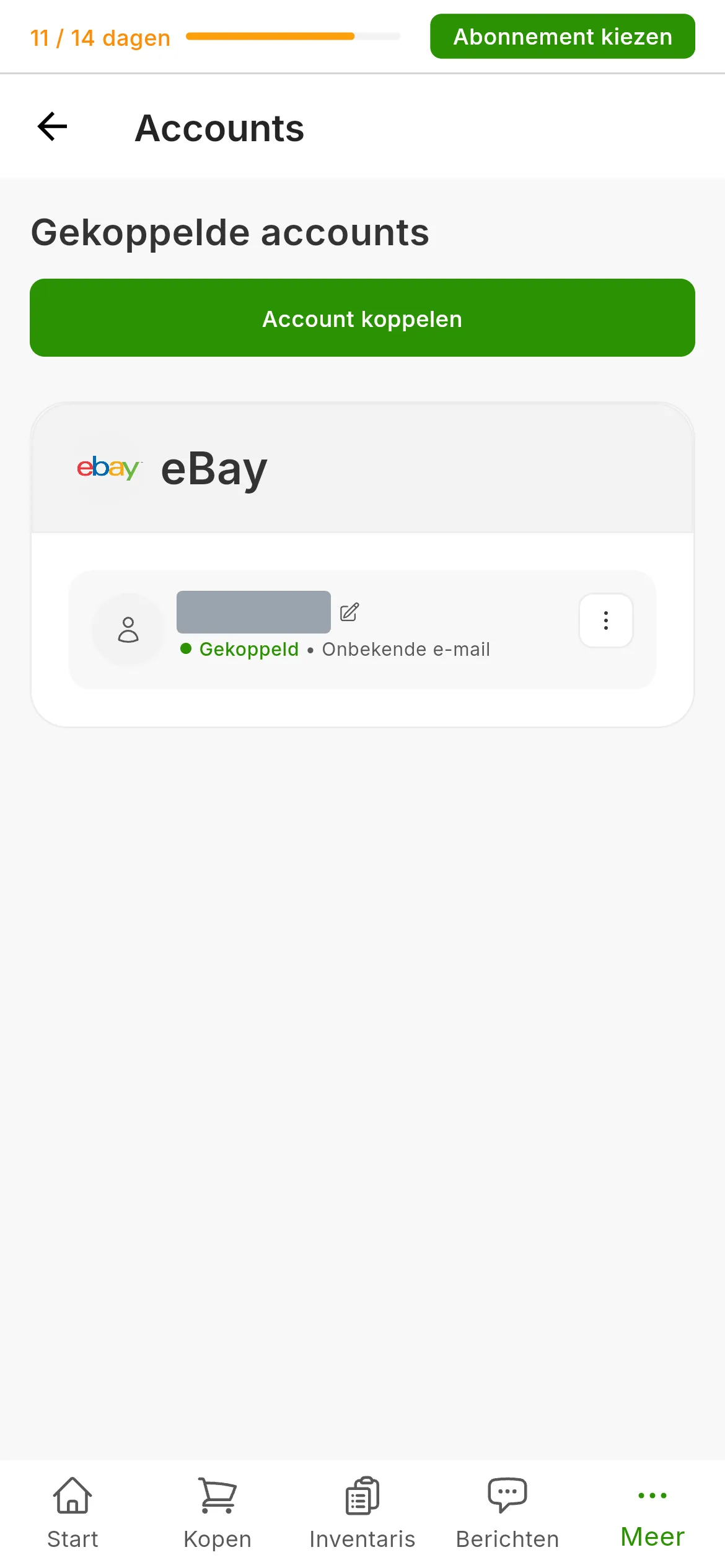 Het scherm Accounts van RUIT met het eBay-account gekoppeld: de kaart van eBay met de gebruikersnaam en de status gekoppeld, en rechtsboven de knop om een account te koppelen
