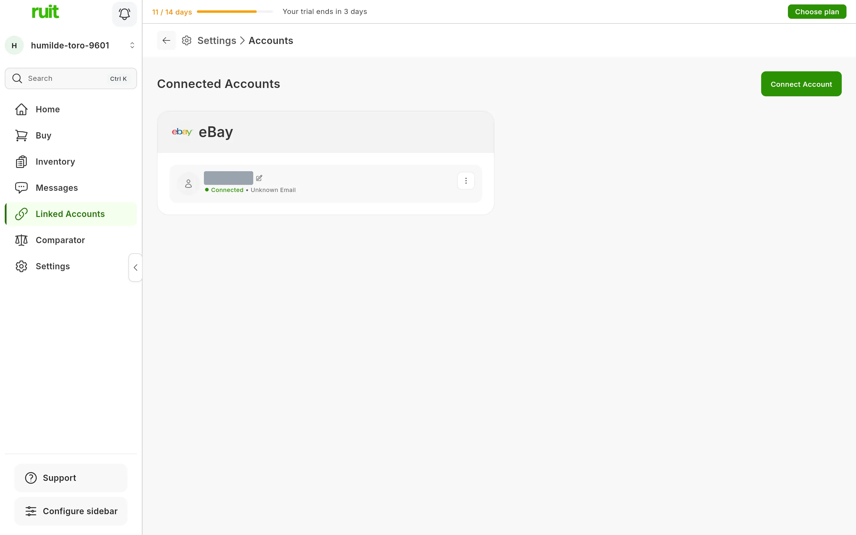 The RUIT Accounts screen with the eBay account connected: the eBay card with the username and the connected status, and the Connect Account button at the top right