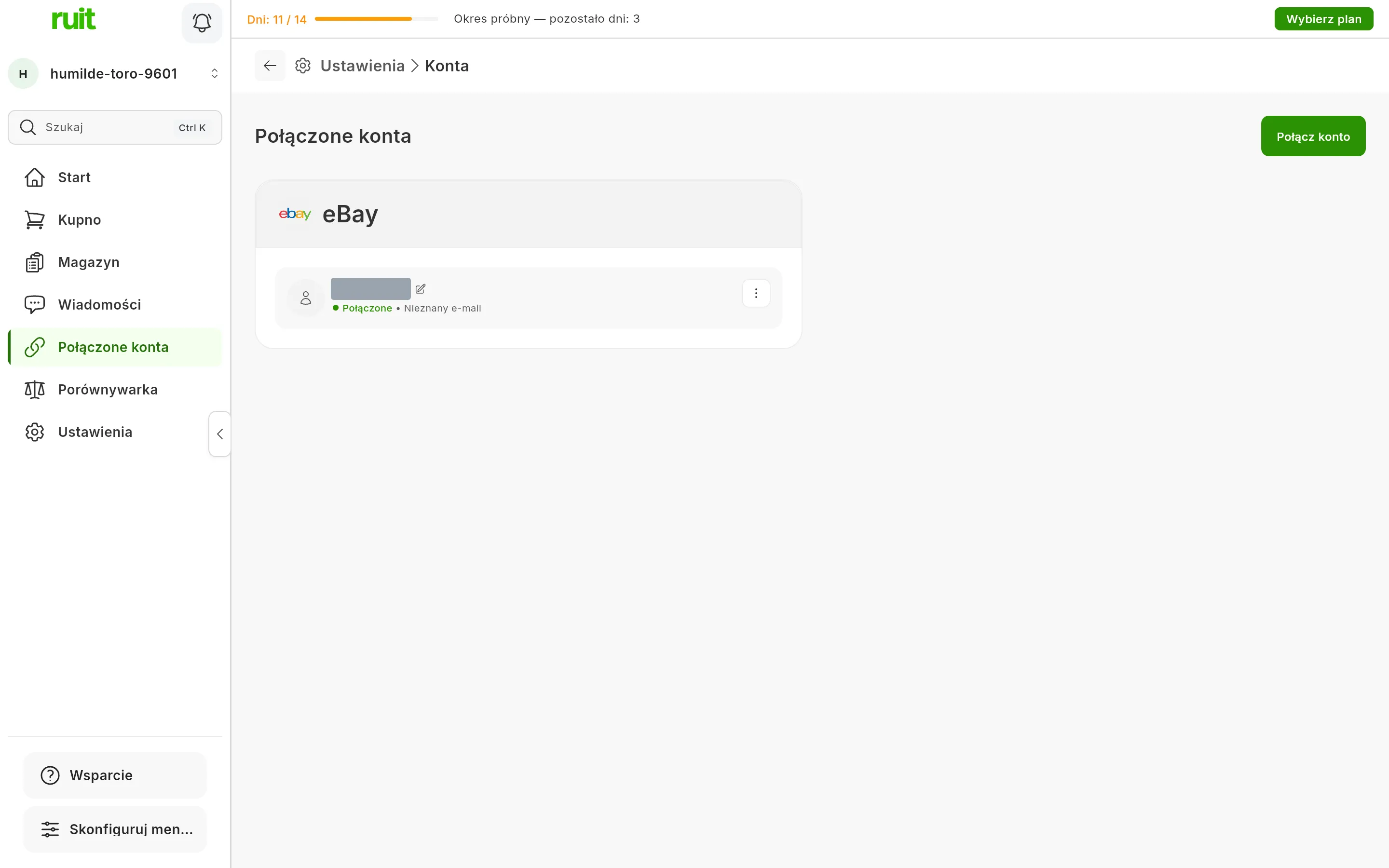 Ekran Konta w RUIT z połączonym kontem eBay: karta eBay z nazwą użytkownika i stanem Połączone oraz przycisk Połącz konto w prawym górnym rogu