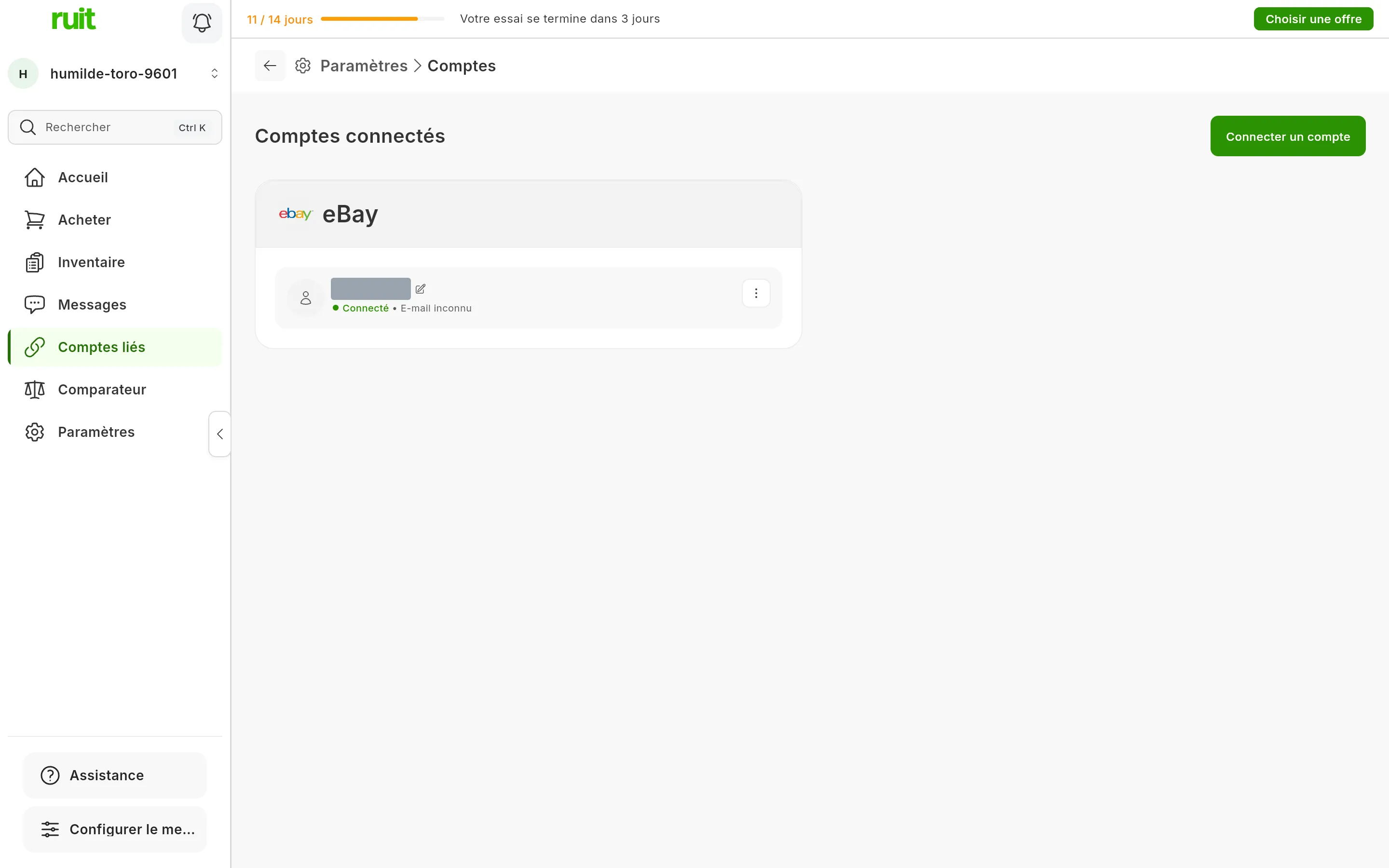 L'écran Comptes de RUIT avec le compte eBay connecté : la carte eBay avec le pseudo et l'état connecté, et le bouton pour connecter un compte en haut à droite