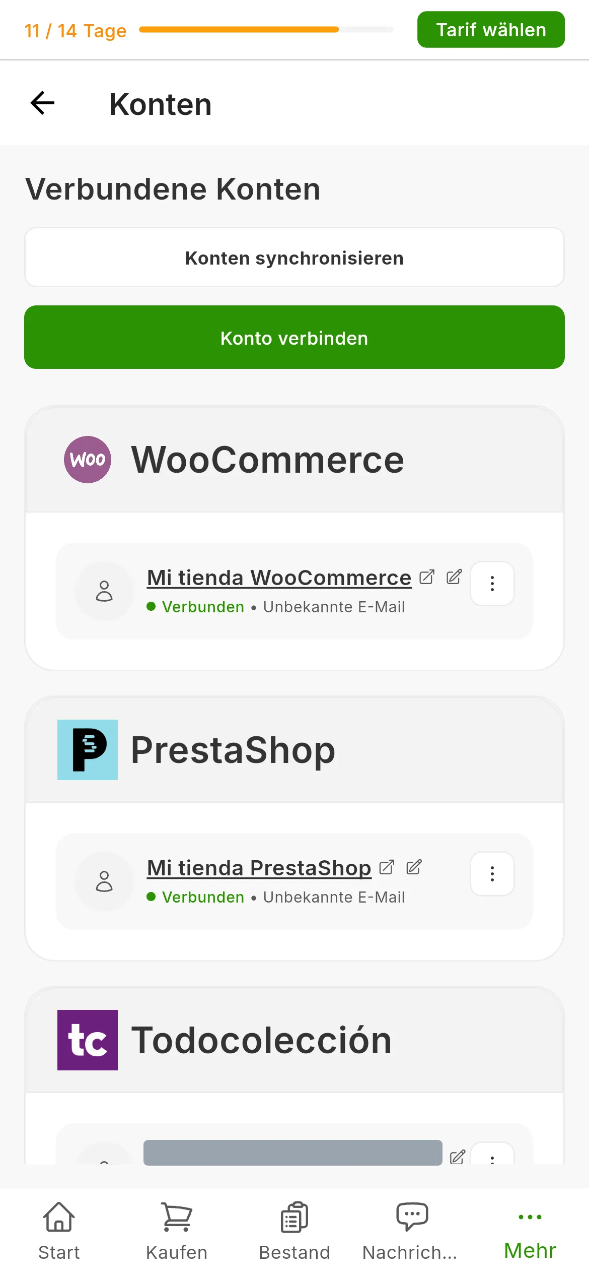Der Bildschirm Verbundene Konten von RUIT mit einer Karte pro Marktplatz, darunter die Shopify-Karte mit dem verbundenen Shop, und oben rechts die Schaltfläche Konto verbinden