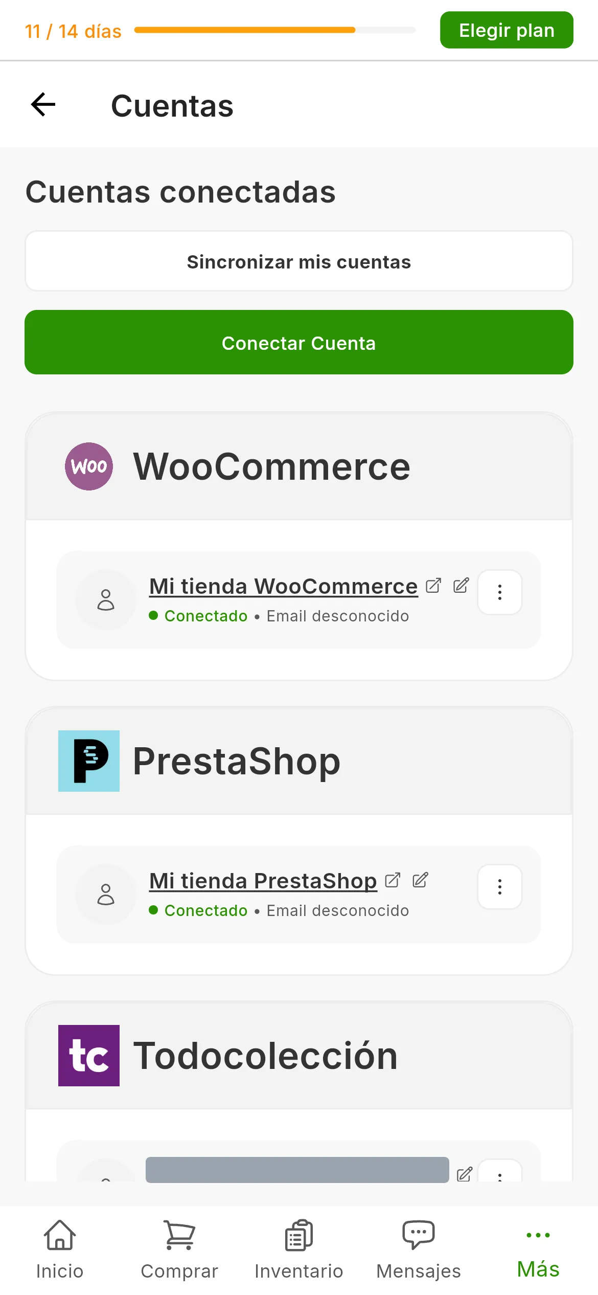 La pantalla de Cuentas conectadas de RUIT con una tarjeta por marketplace, entre ellas la de PrestaShop con la tienda conectada, y el botón de conectar cuenta arriba a la derecha