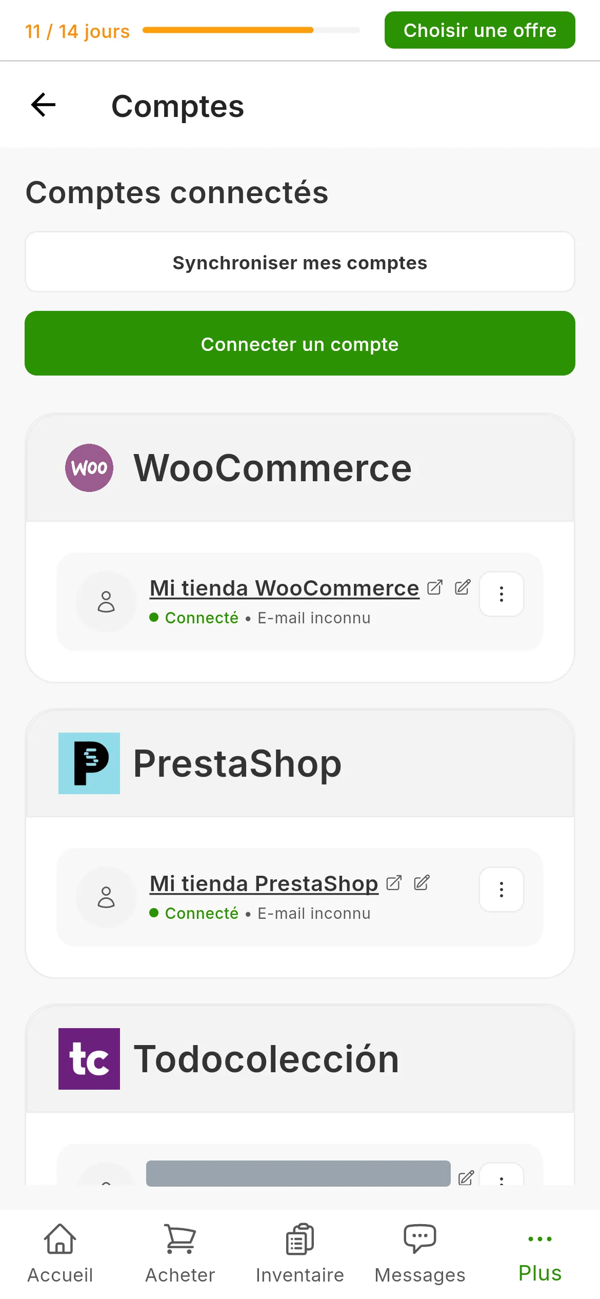 L'écran Comptes connectés de RUIT avec une carte par marketplace, dont celle de Shopify avec la boutique connectée, et le bouton pour connecter un compte en haut à droite