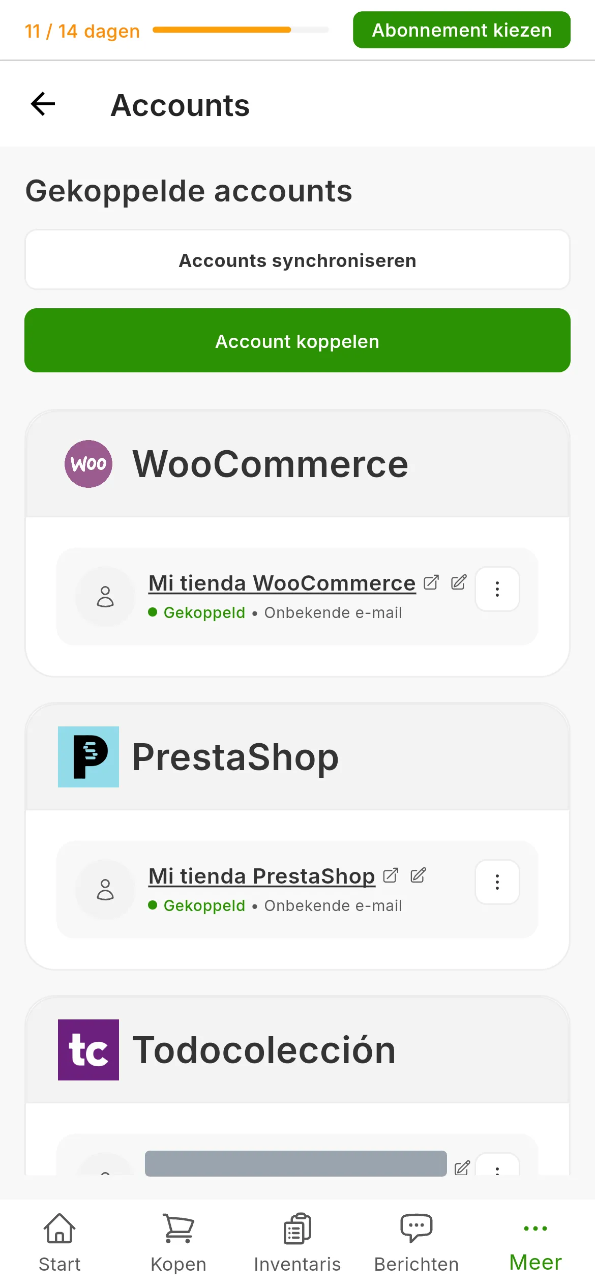 Het scherm Gekoppelde accounts van RUIT met een kaart per marketplace, waaronder die van Shopify met de gekoppelde winkel, en rechtsboven de knop Account koppelen
