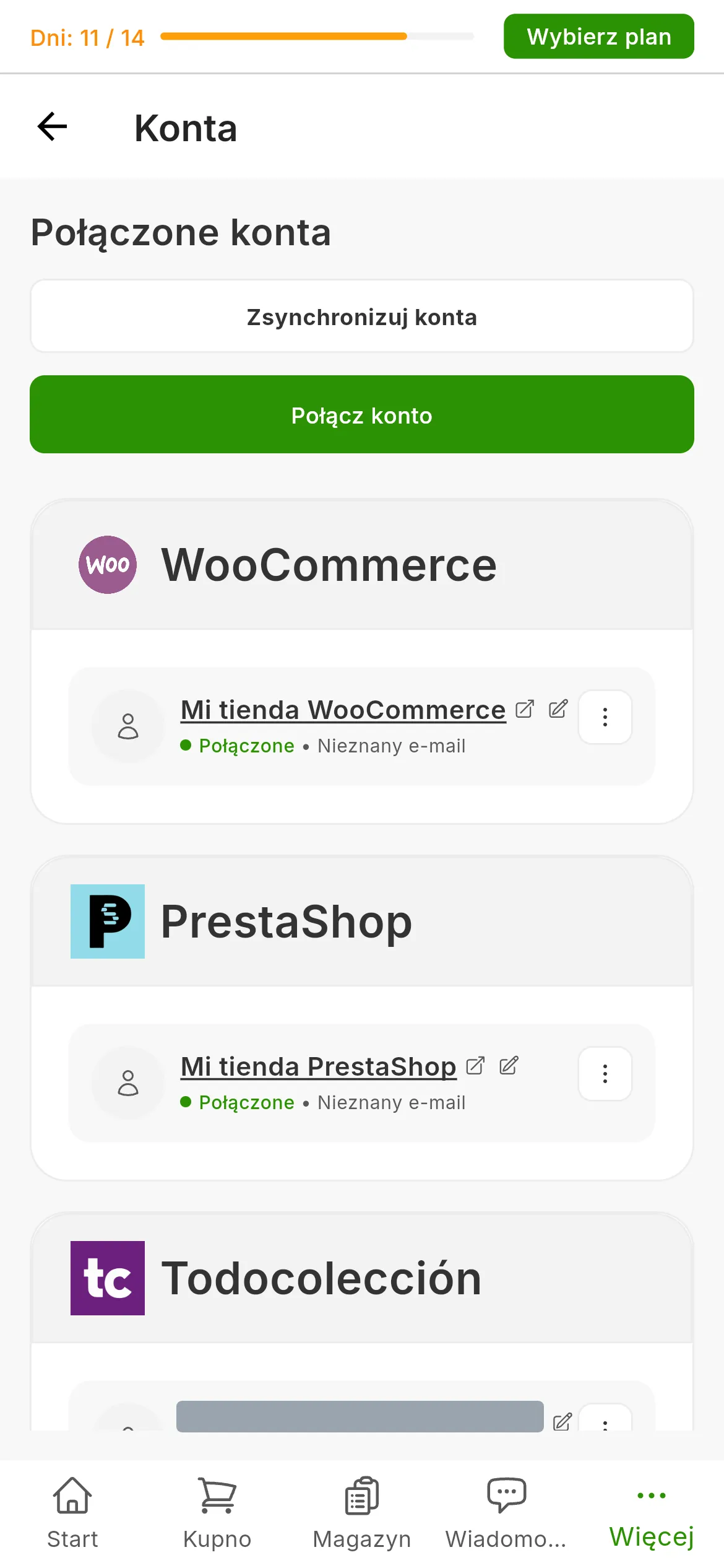Ekran Połączone konta w RUIT z kartą dla każdego marketplace, w tym kartą PrestaShop z połączonym sklepem, oraz przycisk łączenia konta w prawym górnym rogu