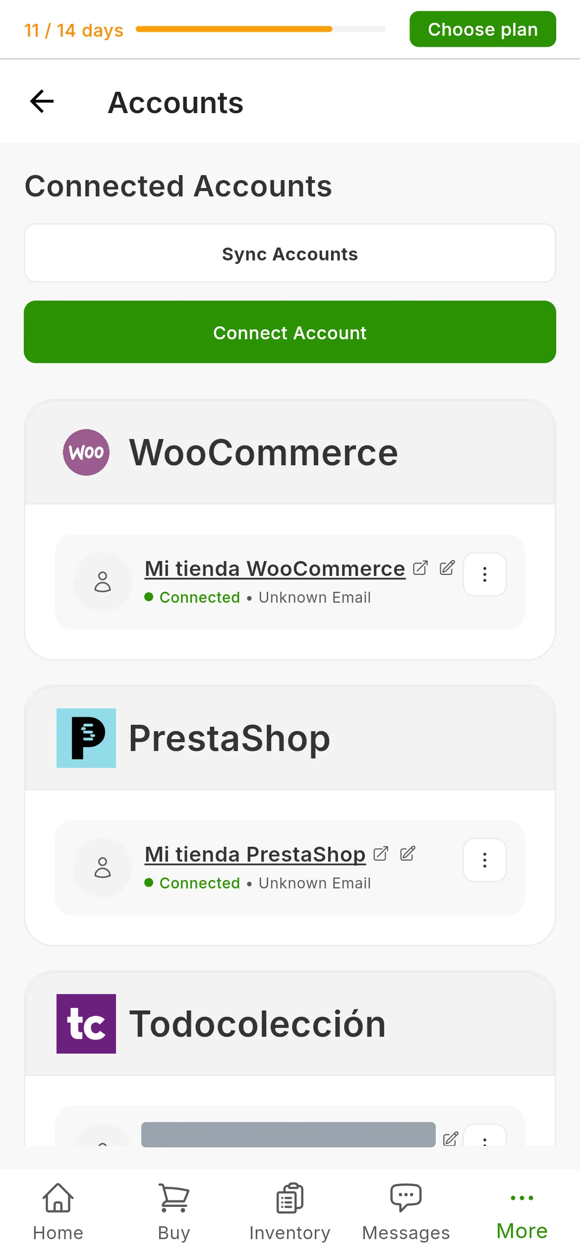 The RUIT Connected Accounts screen with the cards of the connected accounts, each one showing the profile name and the connected status, and the Connect Account button at the top right