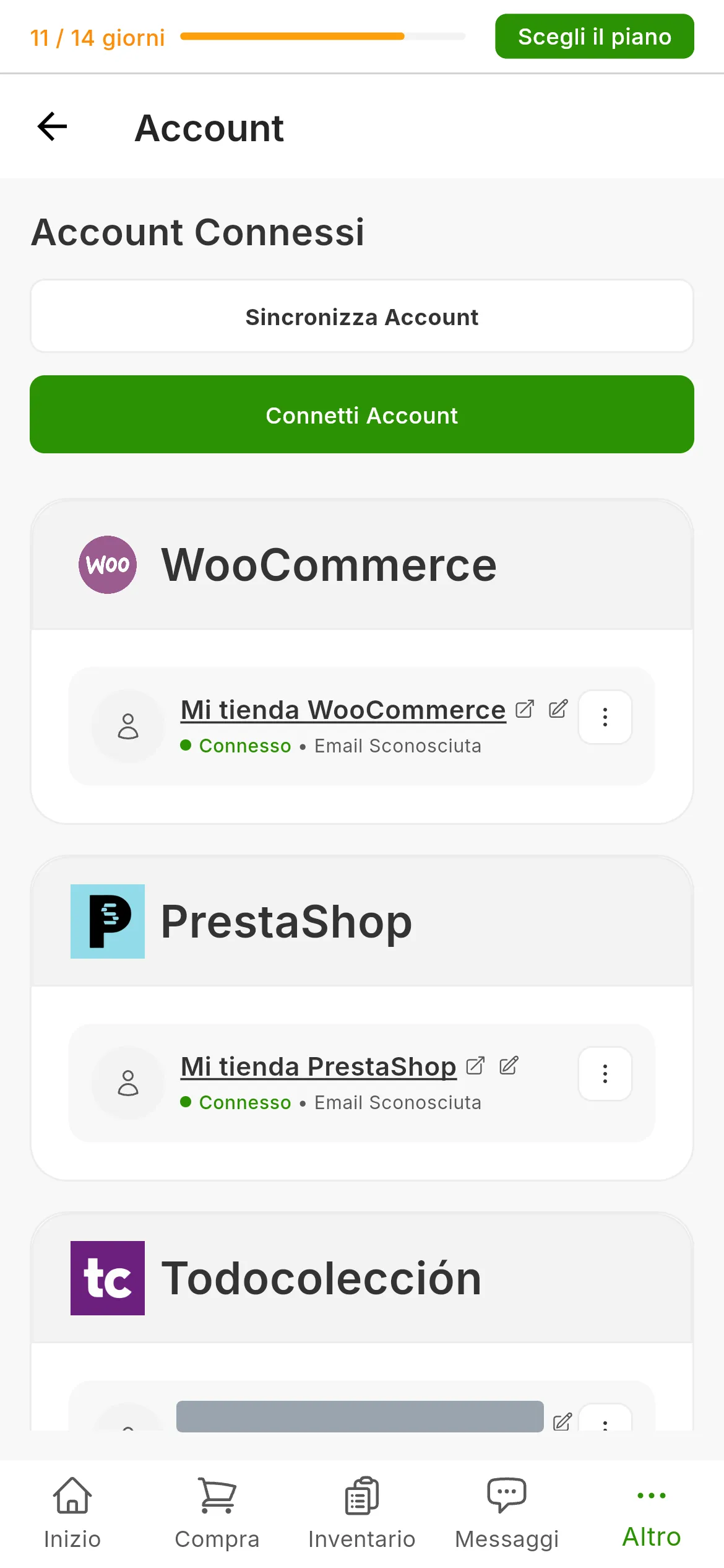 La schermata Account Connessi di RUIT con una scheda per marketplace, tra cui quella di Shopify con il negozio collegato, e il pulsante per connettere un account in alto a destra