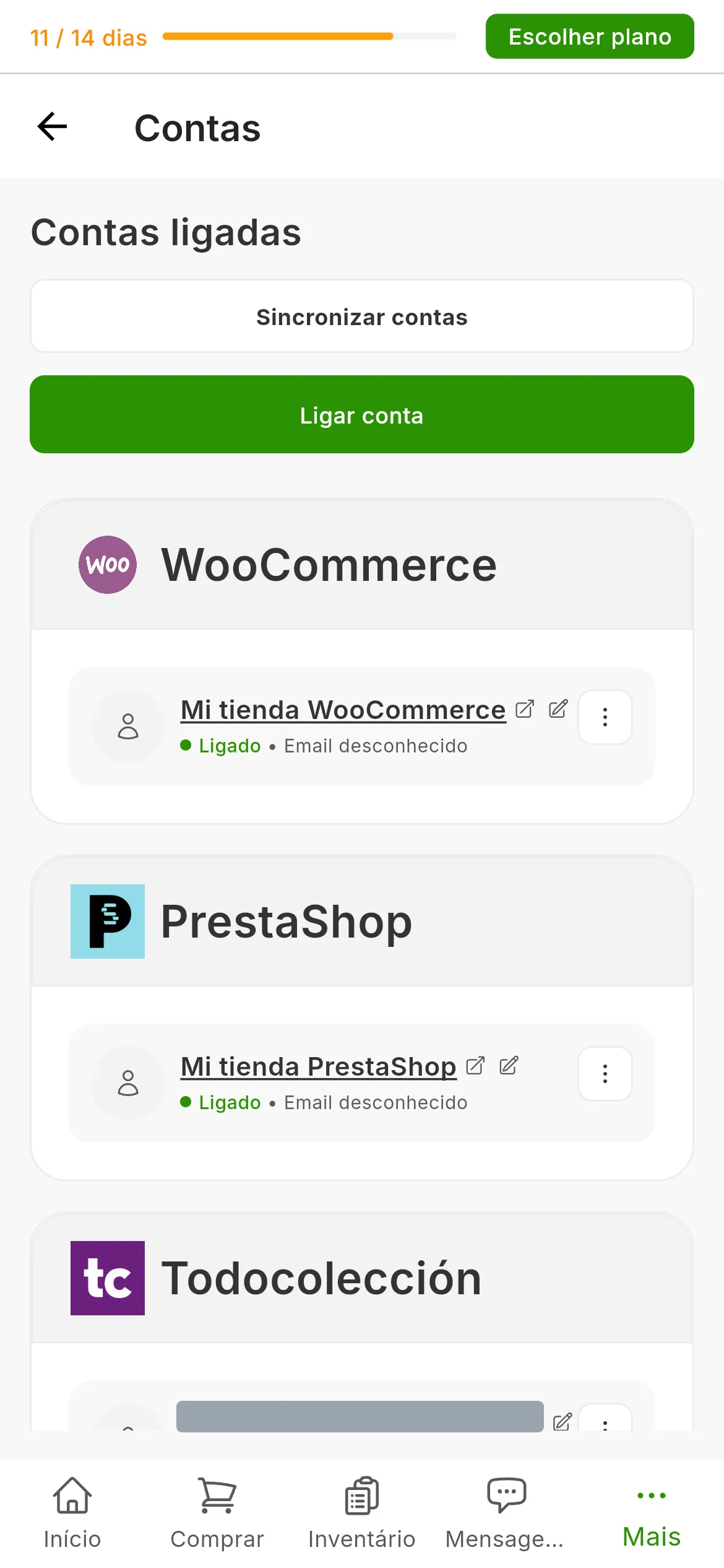 O ecrã Contas ligadas do RUIT com os cartões das contas ligadas, cada um com o nome do perfil e o estado Ligado, e o botão de ligar conta no canto superior direito