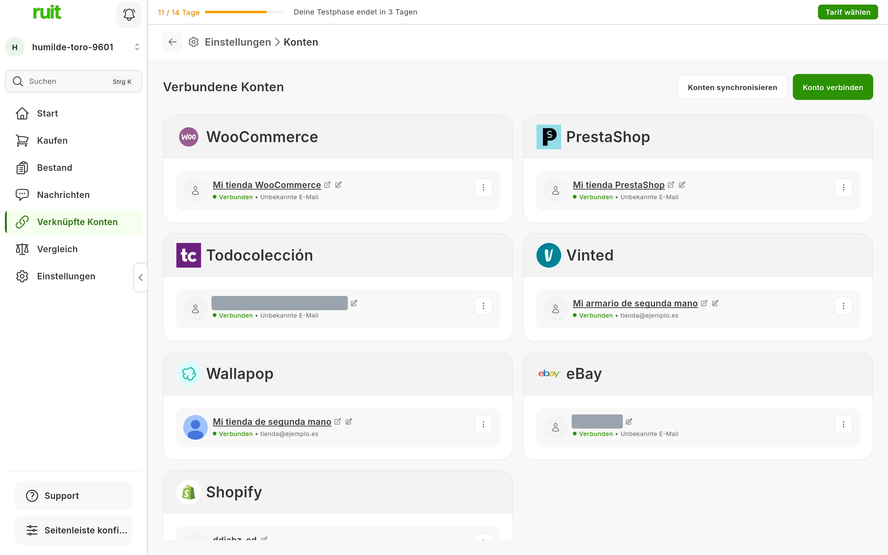 Der Bildschirm Verbundene Konten von RUIT mit einer Karte pro Marktplatz, darunter die Shopify-Karte mit dem verbundenen Shop, und oben rechts die Schaltfläche Konto verbinden