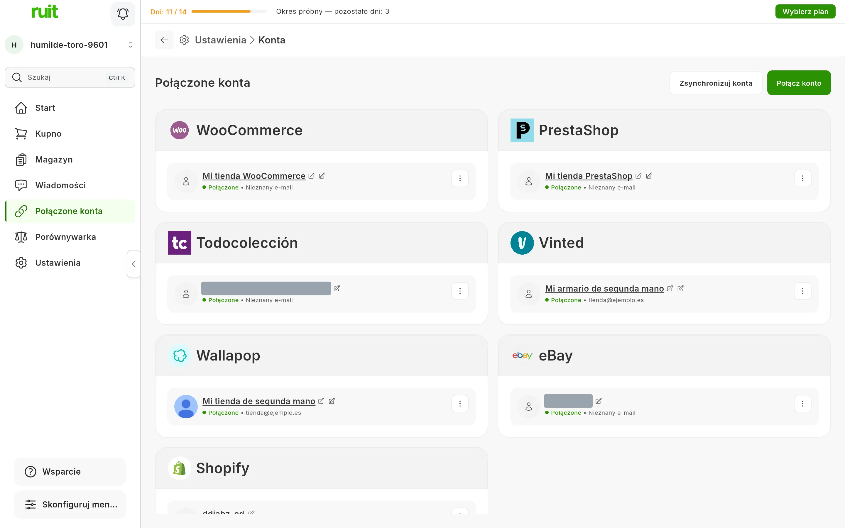 Ekran Połączone konta w RUIT z kartą dla każdego marketplace, w tym kartą PrestaShop z połączonym sklepem, oraz przycisk łączenia konta w prawym górnym rogu