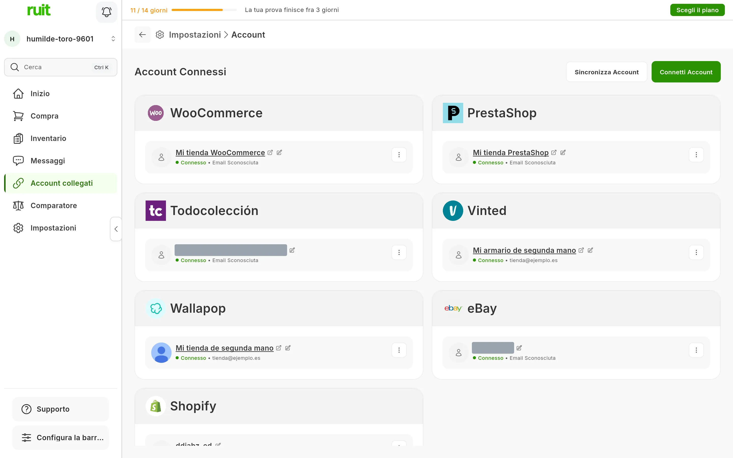 La schermata Account Connessi di RUIT con una scheda per marketplace, tra cui quella di Shopify con il negozio collegato, e il pulsante per connettere un account in alto a destra
