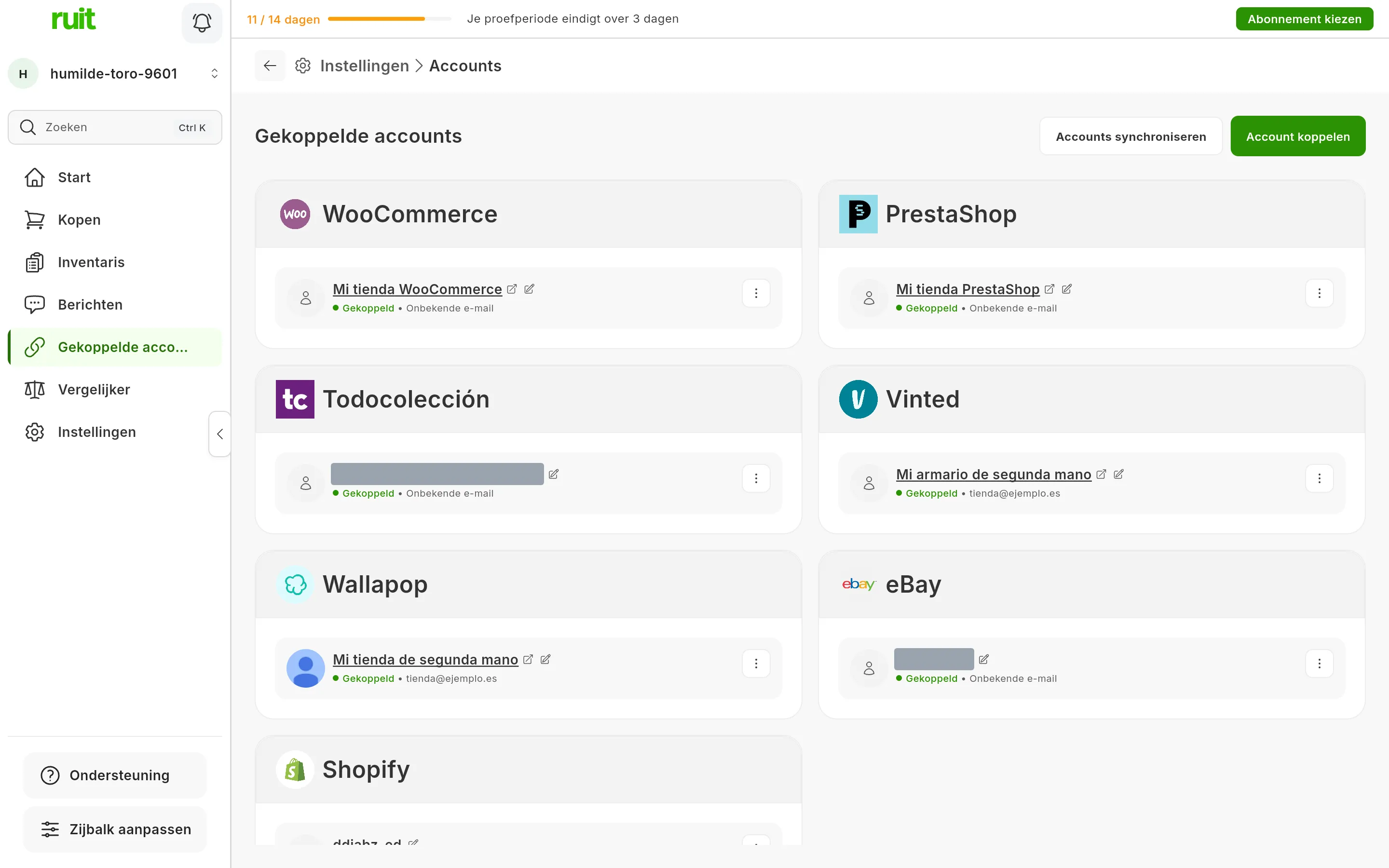 Het scherm Gekoppelde accounts van RUIT met een kaart per marketplace, waaronder die van Shopify met de gekoppelde winkel, en rechtsboven de knop Account koppelen