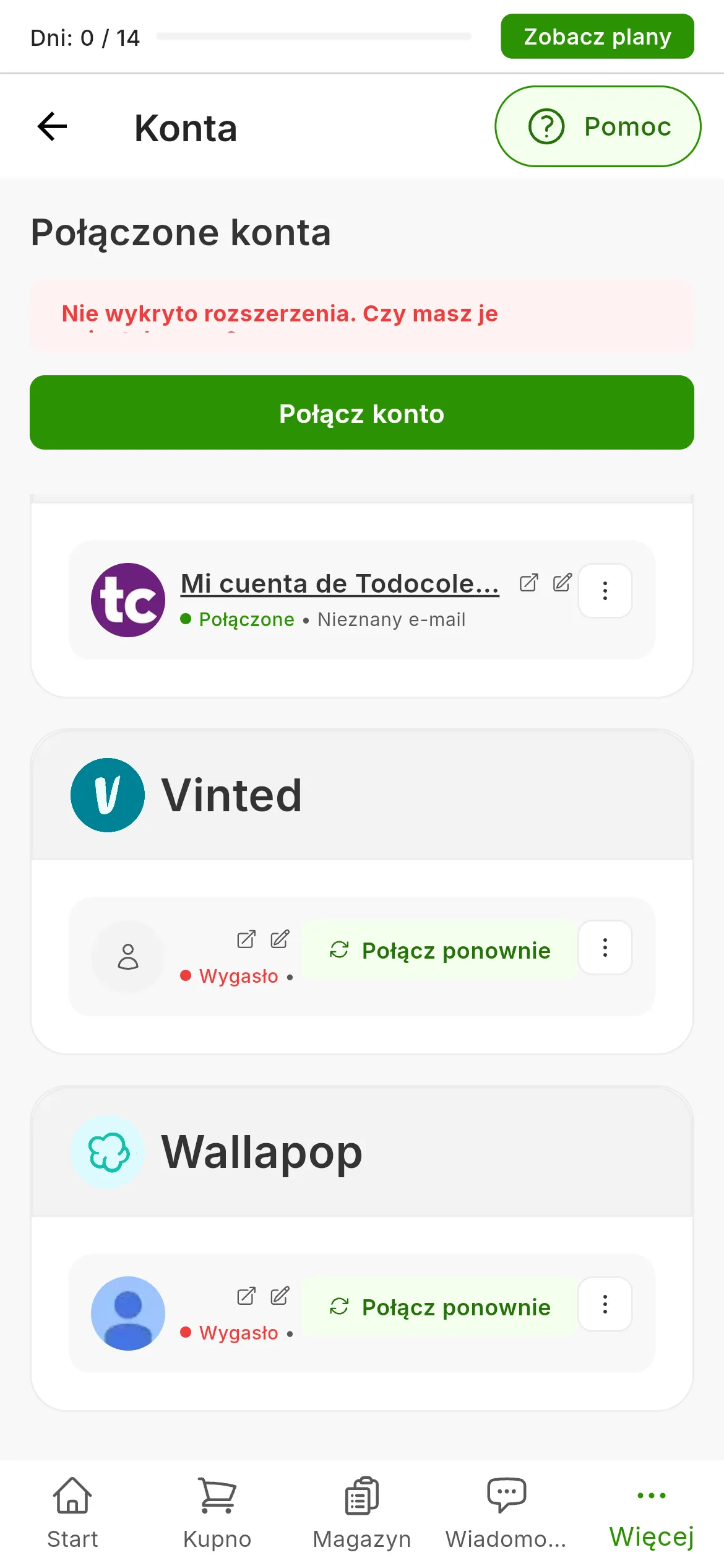 Ekran Połączone konta w RUIT: karty kont pogrupowane według marketplace, każda z nazwą, ołówkiem, stanem i menu z trzema kropkami; konta Vinted i Wallapop wygasły, a ich karty mają przycisk Połącz ponownie