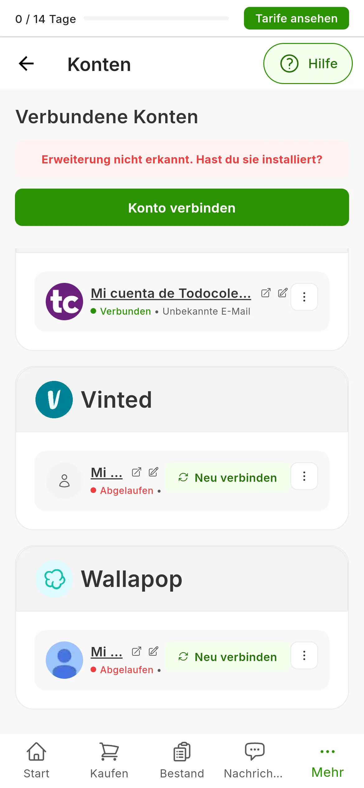 Der Bildschirm Verbundene Konten von RUIT: die Konten von Vinted und Wallapop mit dem Status Abgelaufen und der Schaltfläche Neu verbinden, die übrigen mit dem Status Verbunden