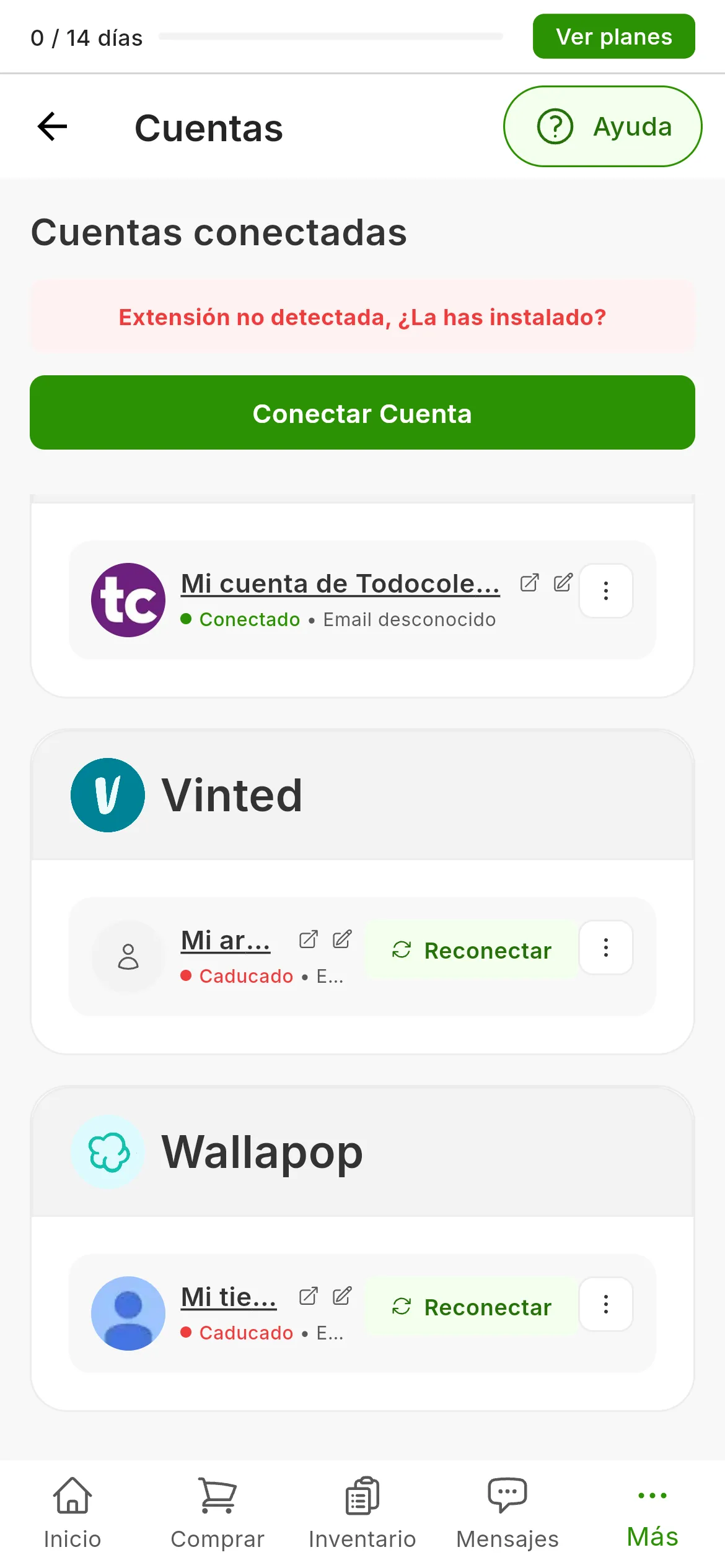 La pantalla de Cuentas conectadas de RUIT: una tarjeta por cuenta, agrupadas por marketplace, cada una con su nombre, el lápiz, su estado y el menú de tres puntos; las de Vinted y Wallapop están caducadas y llevan el botón Reconectar