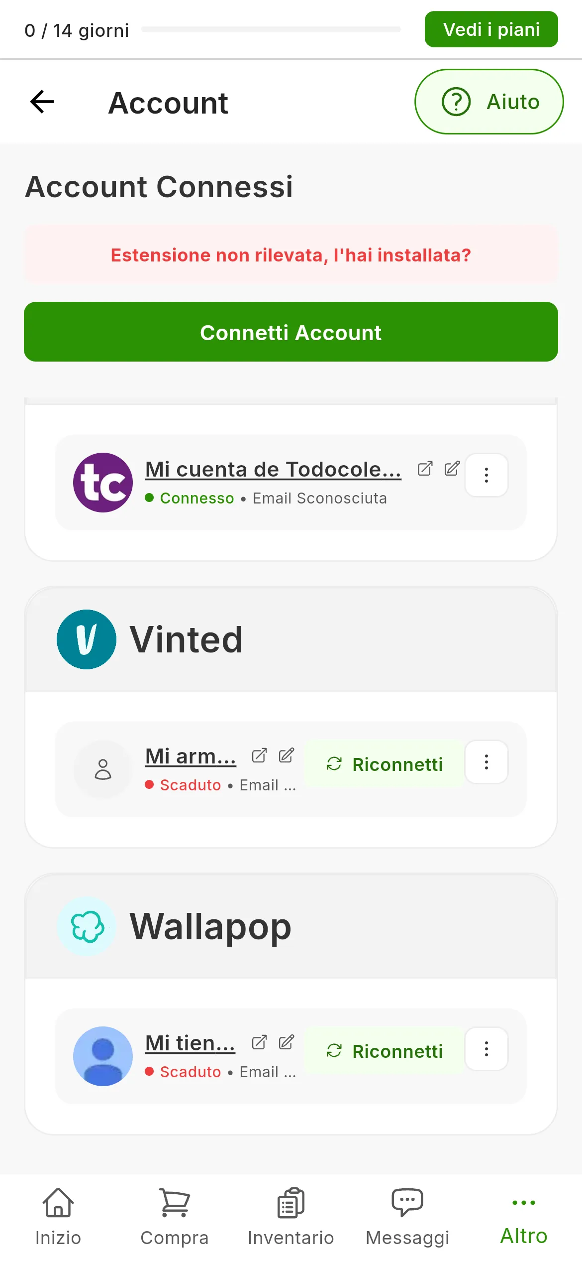 La schermata Account Connessi di RUIT: le schede degli account raggruppate per marketplace, ognuna con il nome, la matita, lo stato e il menu a tre puntini; gli account di Vinted e Wallapop sono scaduti e hanno il pulsante Riconnetti
