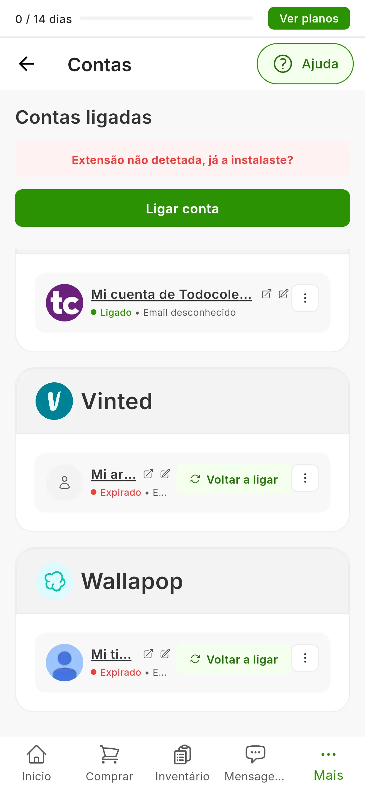 O ecrã Contas ligadas do RUIT: as contas do Vinted e do Wallapop no estado Expirado, com o botão Voltar a ligar, e as restantes no estado Ligado