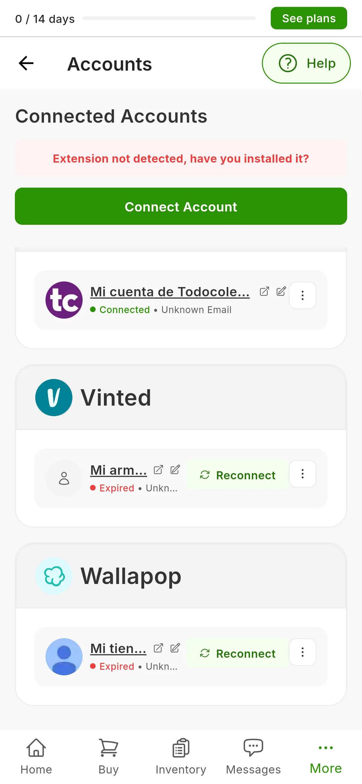 The RUIT Connected Accounts screen: one card per account, grouped by marketplace, each with its name, the pencil, its status and the three-dot menu; the Vinted and Wallapop ones have expired and carry the Reconnect button