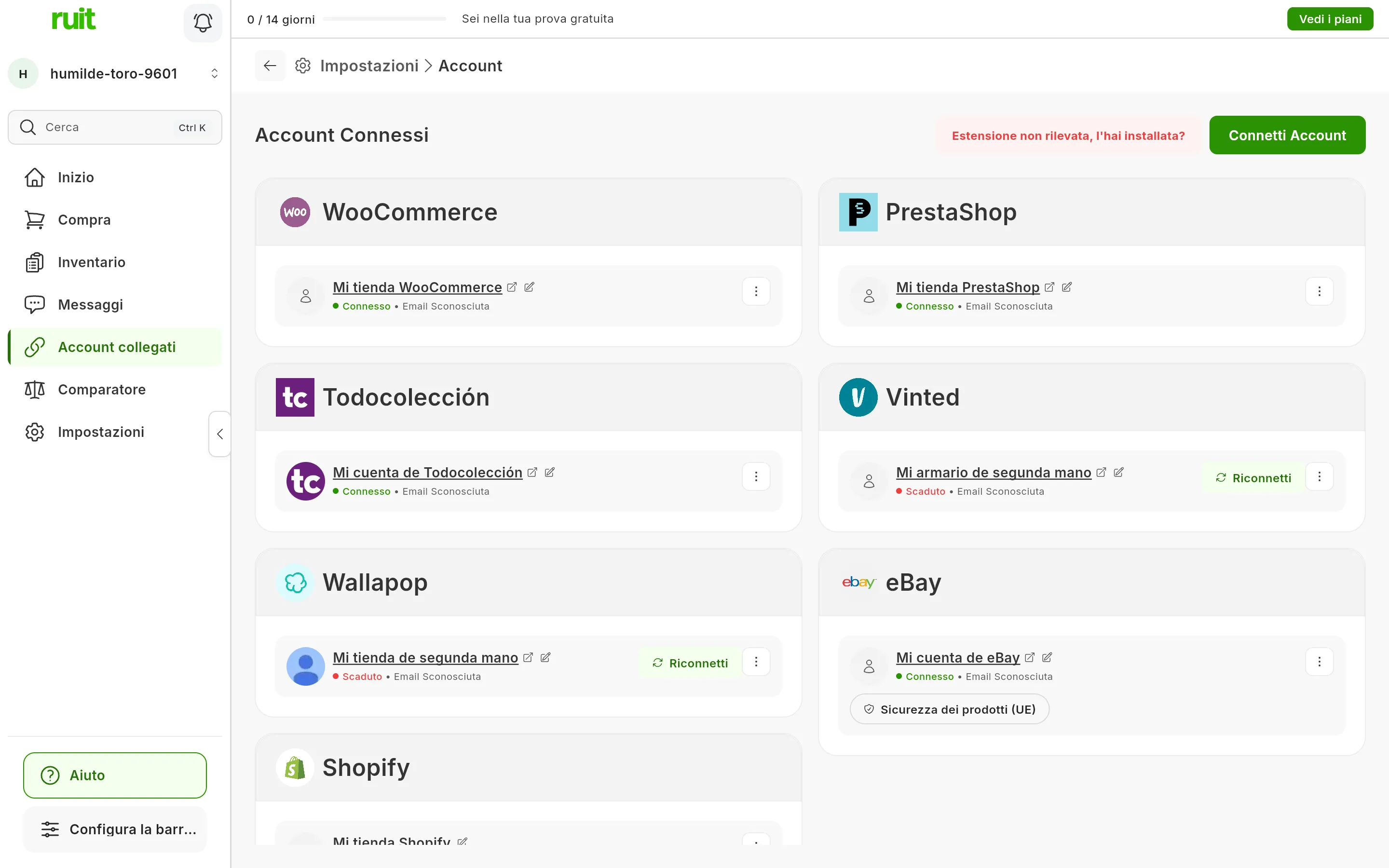 La schermata Account Connessi di RUIT: le schede degli account raggruppate per marketplace, ognuna con il nome, la matita, lo stato e il menu a tre puntini; gli account di Vinted e Wallapop sono scaduti e hanno il pulsante Riconnetti