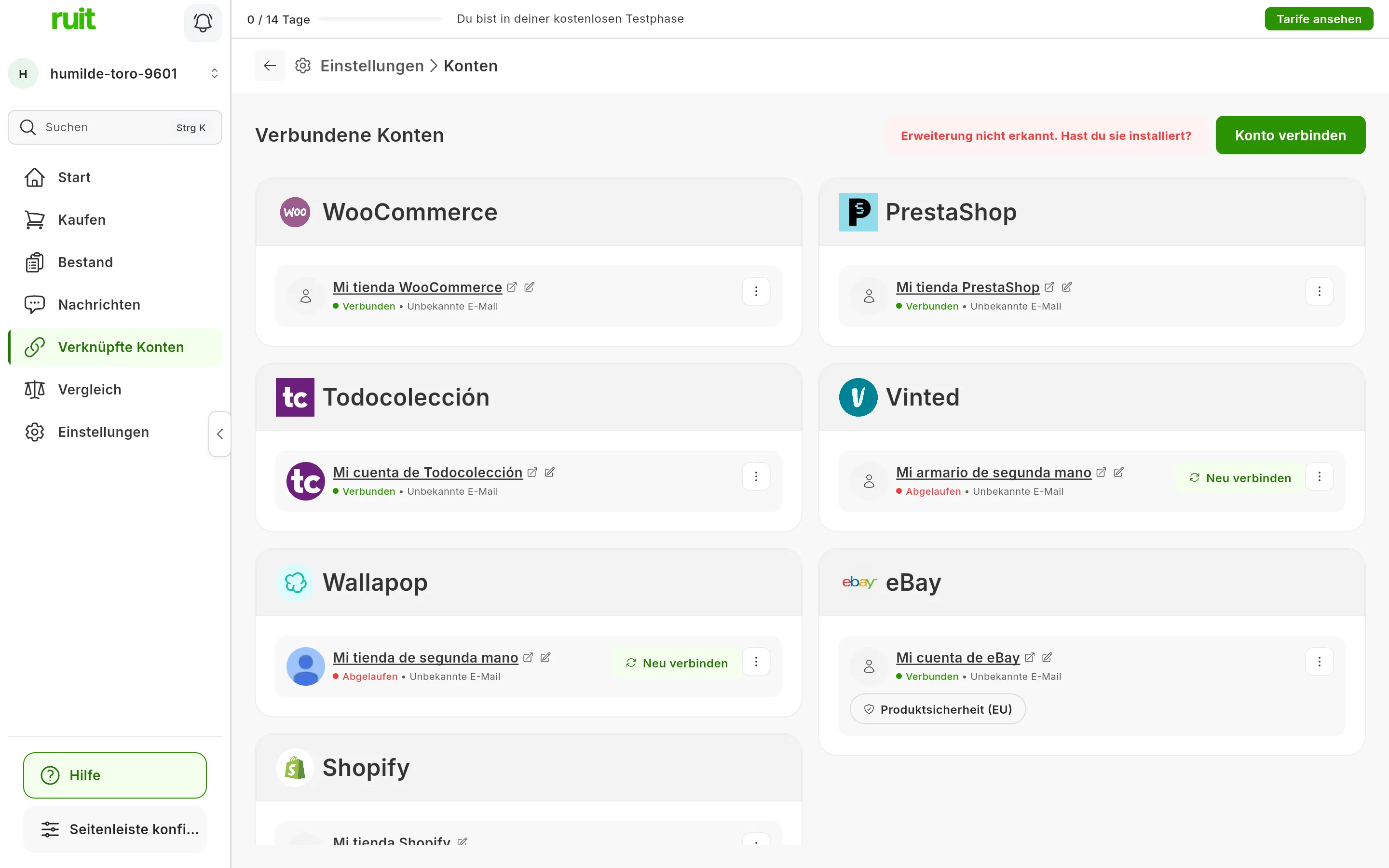 Der Bildschirm Verbundene Konten von RUIT: die Konten von Vinted und Wallapop mit dem Status Abgelaufen und der Schaltfläche Neu verbinden, die übrigen mit dem Status Verbunden