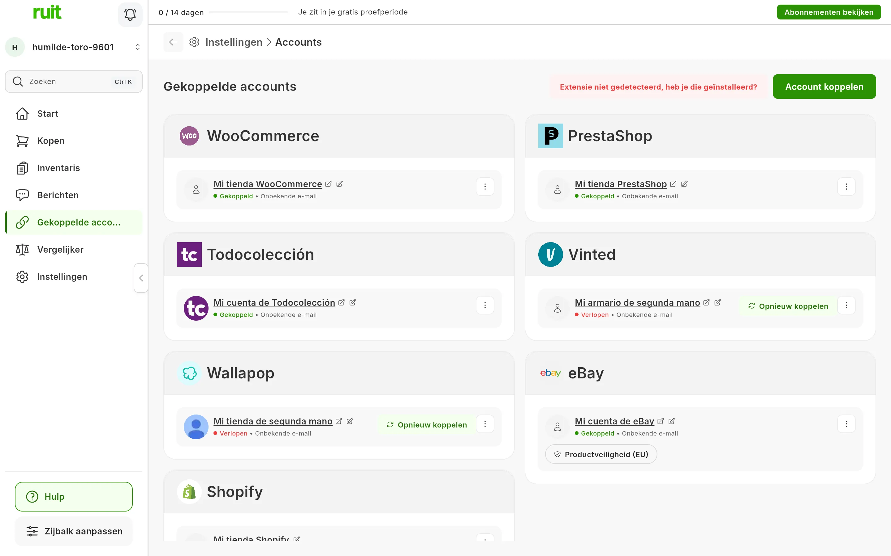 Het scherm Gekoppelde accounts van RUIT: een kaart per account, gegroepeerd per marketplace, elk met de naam, het potlood, de status en het menu met drie puntjes; die van Vinted en Wallapop zijn verlopen en hebben de knop Opnieuw koppelen