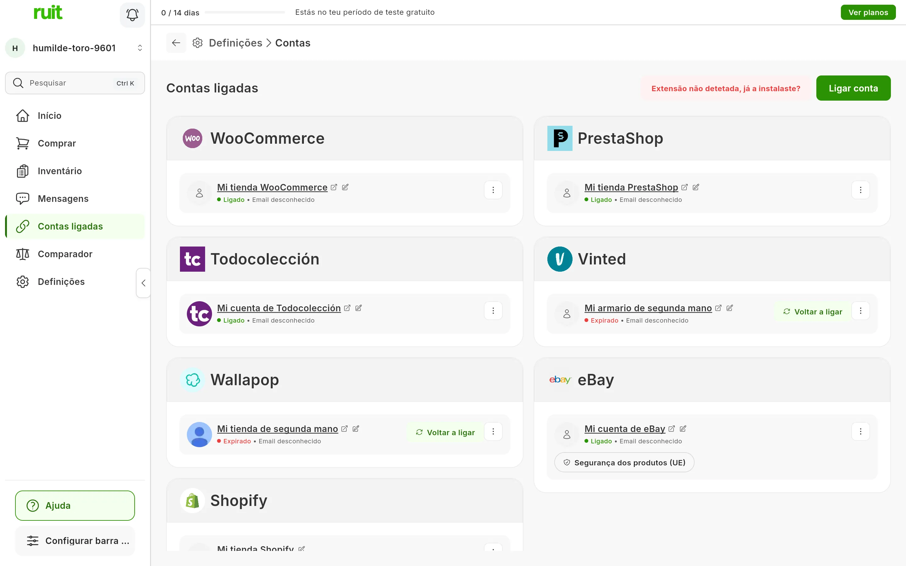 O ecrã Contas ligadas do RUIT: as contas do Vinted e do Wallapop no estado Expirado, com o botão Voltar a ligar, e as restantes no estado Ligado