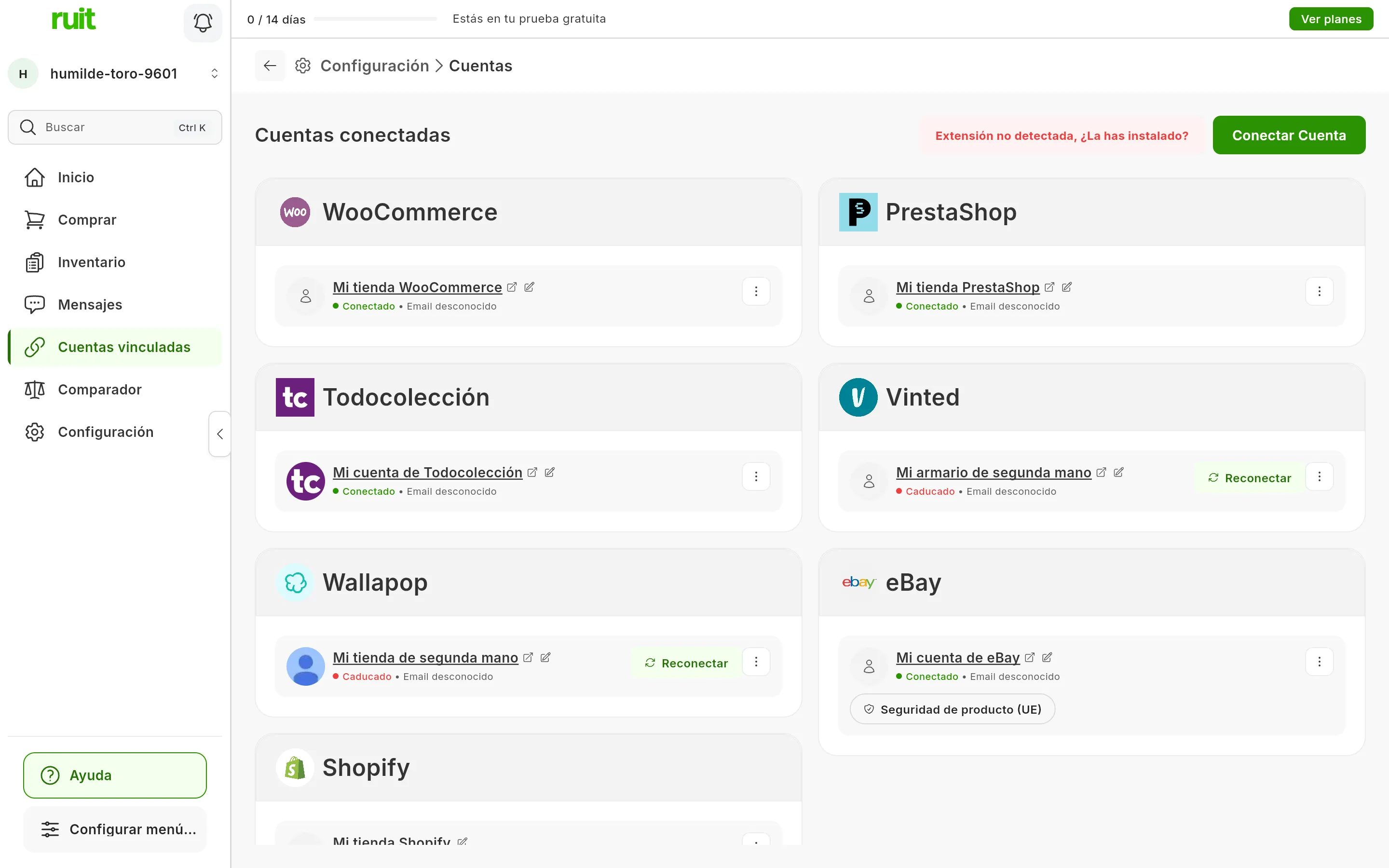 La pantalla de Cuentas conectadas de RUIT: una tarjeta por cuenta, agrupadas por marketplace, cada una con su nombre, el lápiz, su estado y el menú de tres puntos; las de Vinted y Wallapop están caducadas y llevan el botón Reconectar