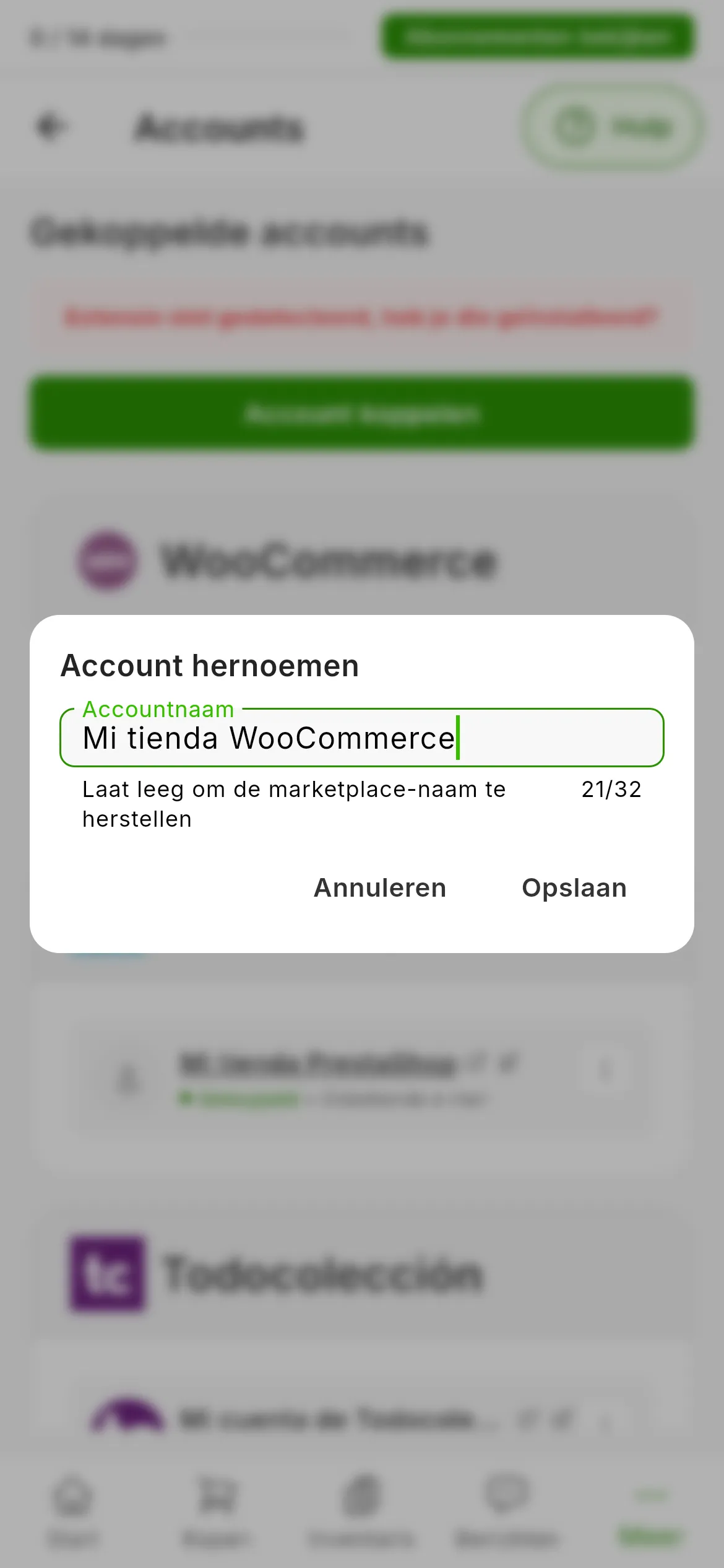 Het venster Account hernoemen boven de lijst met accounts: het veld Accountnaam met de huidige naam, de hulptekst die zegt dat een leeg veld de naam van de marketplace terugzet, de tekenteller en de knoppen Annuleren en Opslaan