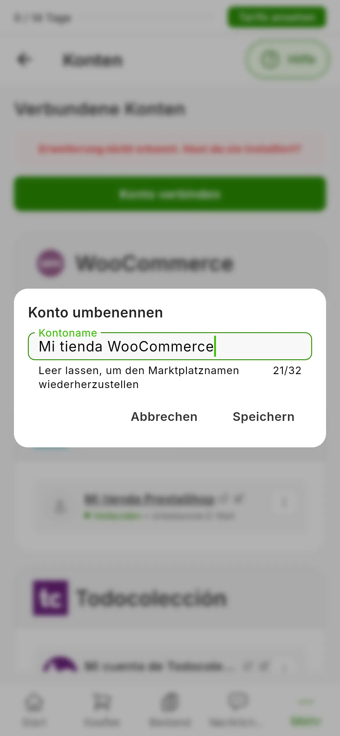 Das Fenster Konto umbenennen über der Liste der Konten: das Feld Kontoname mit dem aktuellen Namen, der Hinweis, dass ein leeres Feld den Namen vom Marktplatz wiederherstellt, der Zeichenzähler und die Schaltflächen Abbrechen und Speichern