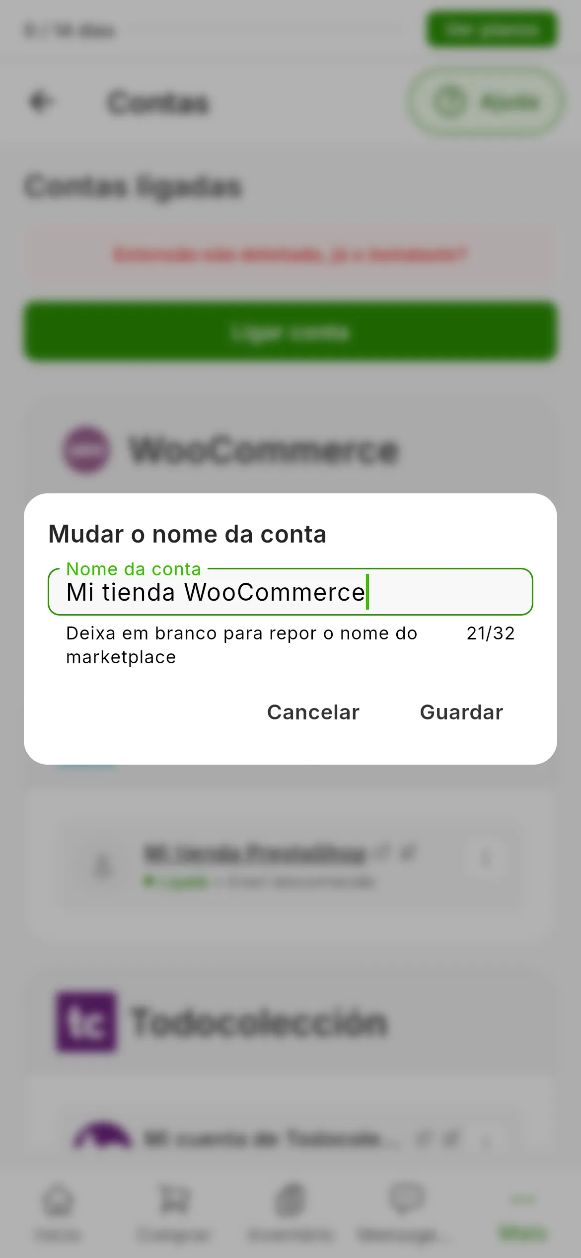 A janela Mudar o nome da conta sobre a lista de contas: o campo Nome da conta com o nome atual, a ajuda que diz que, em branco, se repõe o nome do marketplace, o contador de caracteres e os botões Cancelar e Guardar