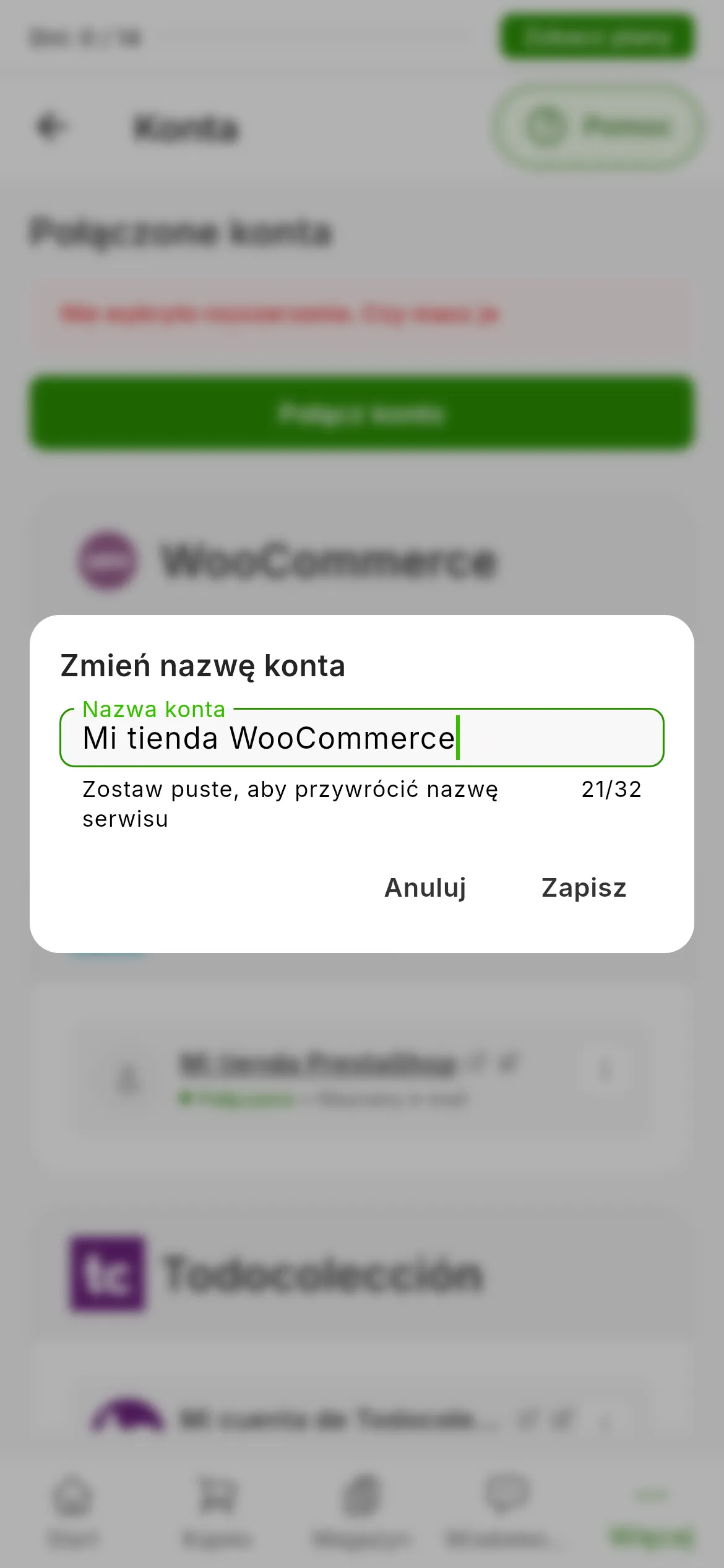 Okno Zmień nazwę konta nad listą kont: pole Nazwa konta z obecną nazwą, podpowiedź, że puste pole przywraca nazwę z marketplace, licznik znaków oraz przyciski Anuluj i Zapisz