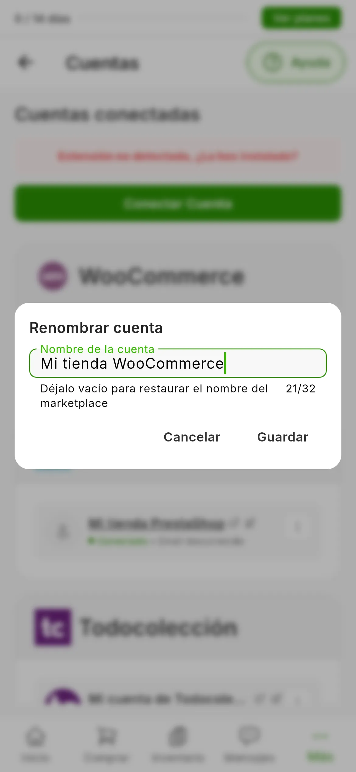 La ventana Renombrar cuenta sobre la lista de cuentas: el campo Nombre de la cuenta con el nombre actual, la ayuda que dice que vacío se restaura el nombre del marketplace, el contador de caracteres y los botones Cancelar y Guardar