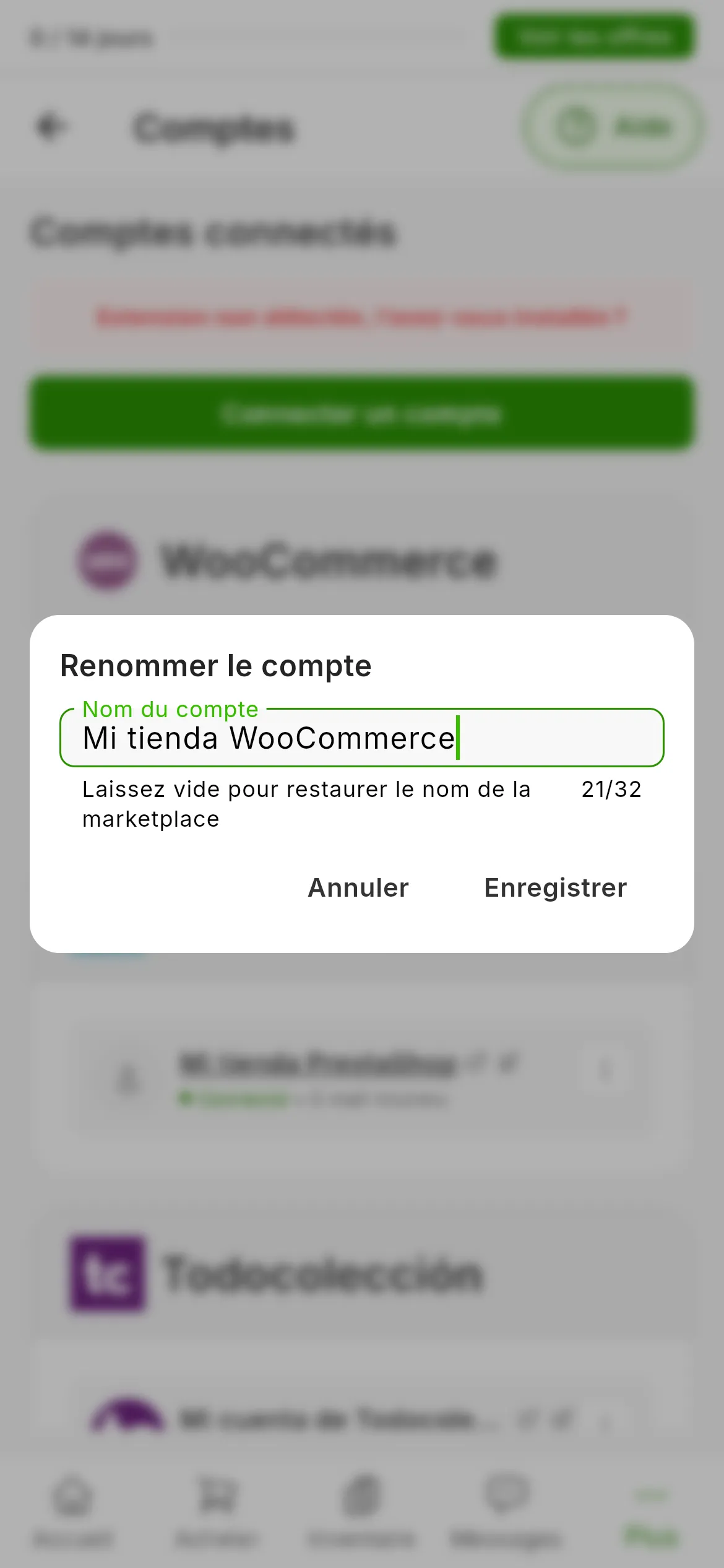 La fenêtre Renommer le compte au-dessus de la liste des comptes : le champ Nom du compte avec le nom actuel, l'aide qui indique qu'un champ vide restaure le nom de la marketplace, le compteur de caractères et les boutons Annuler et Enregistrer