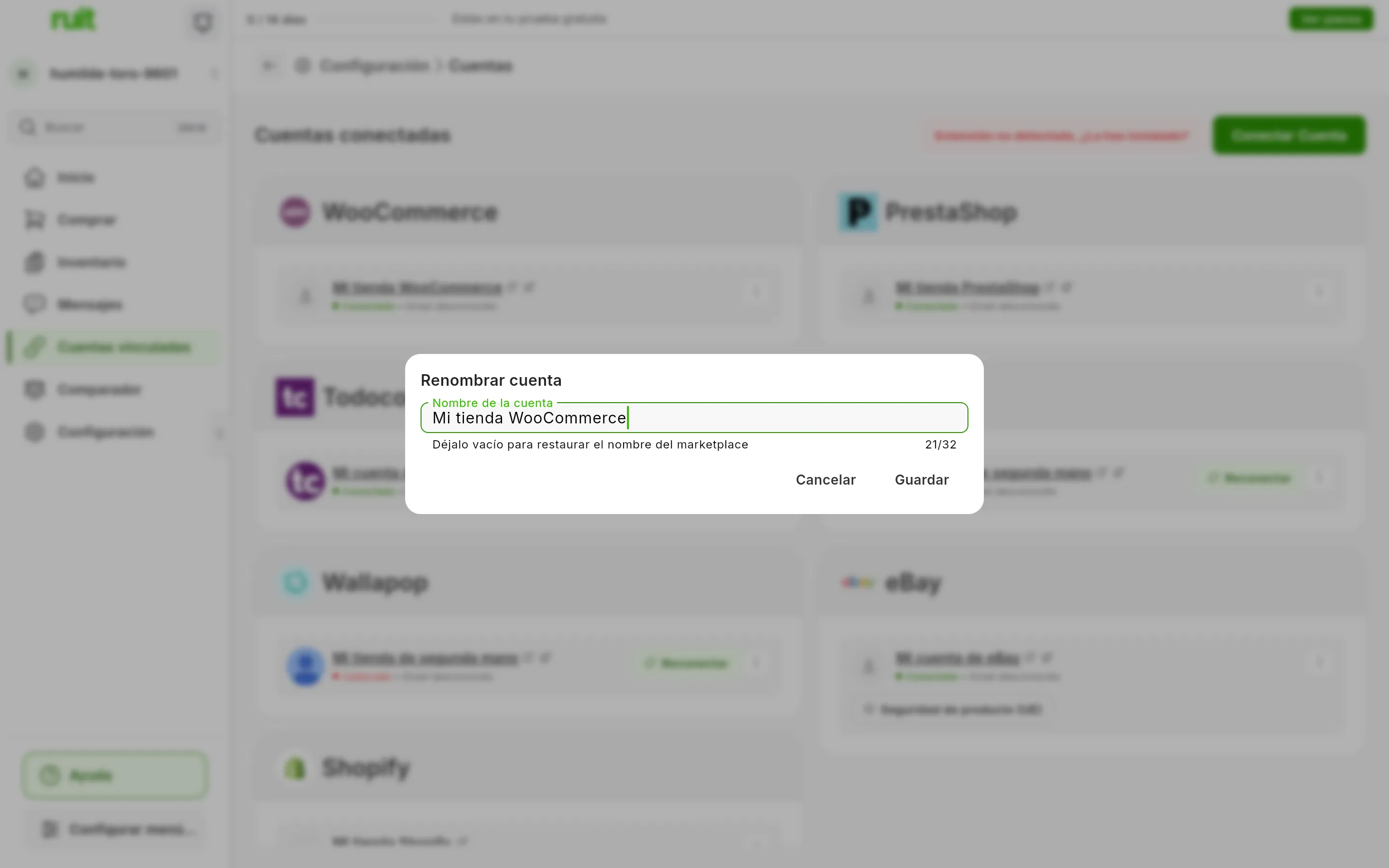 La ventana Renombrar cuenta sobre la lista de cuentas: el campo Nombre de la cuenta con el nombre actual, la ayuda que dice que vacío se restaura el nombre del marketplace, el contador de caracteres y los botones Cancelar y Guardar