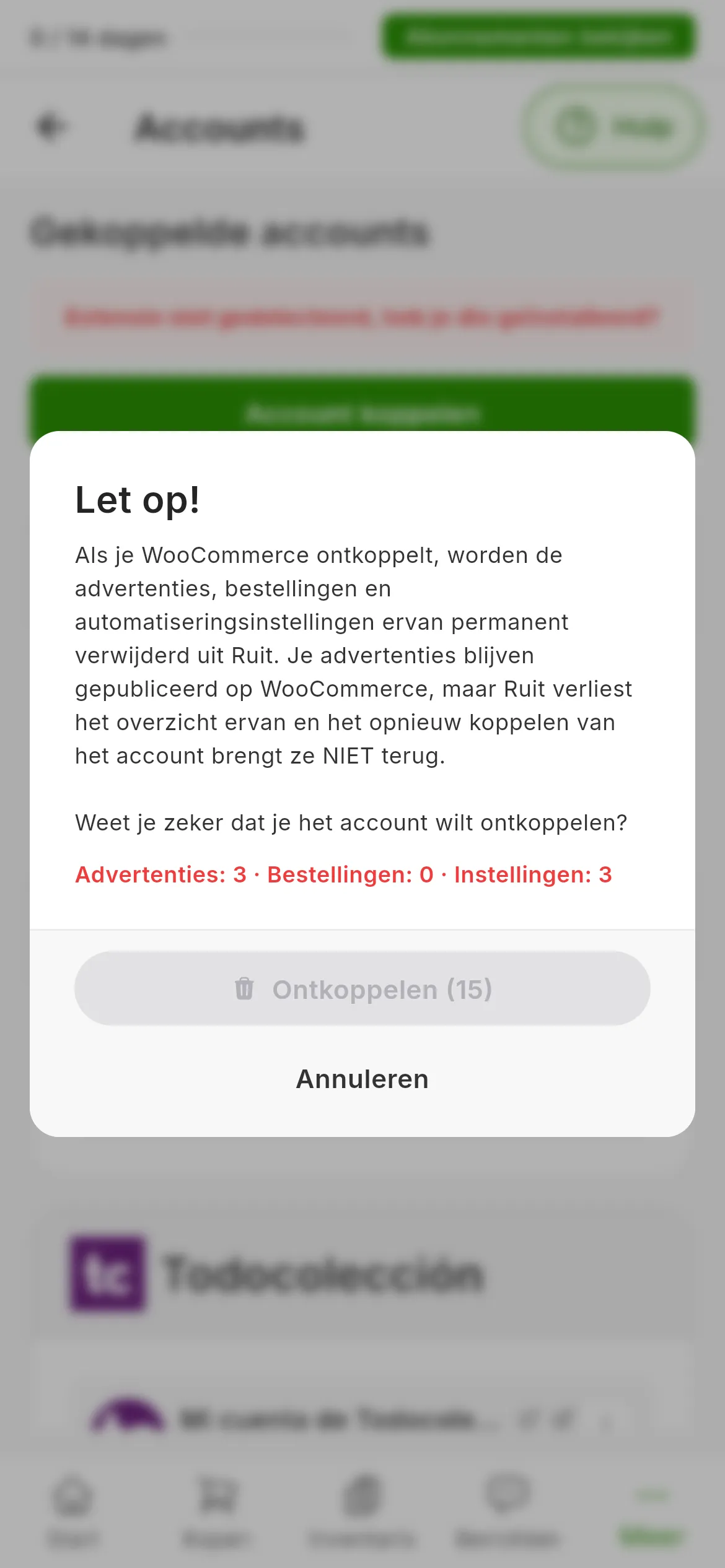 De waarschuwing Let op! bij het ontkoppelen van een WooCommerce-account: wat er wordt verwijderd, de vraag of je het zeker weet, de regel met het aantal advertenties, bestellingen en instellingen, en de knoppen Annuleren en Ontkoppelen, nog geblokkeerd met de seconden die overblijven