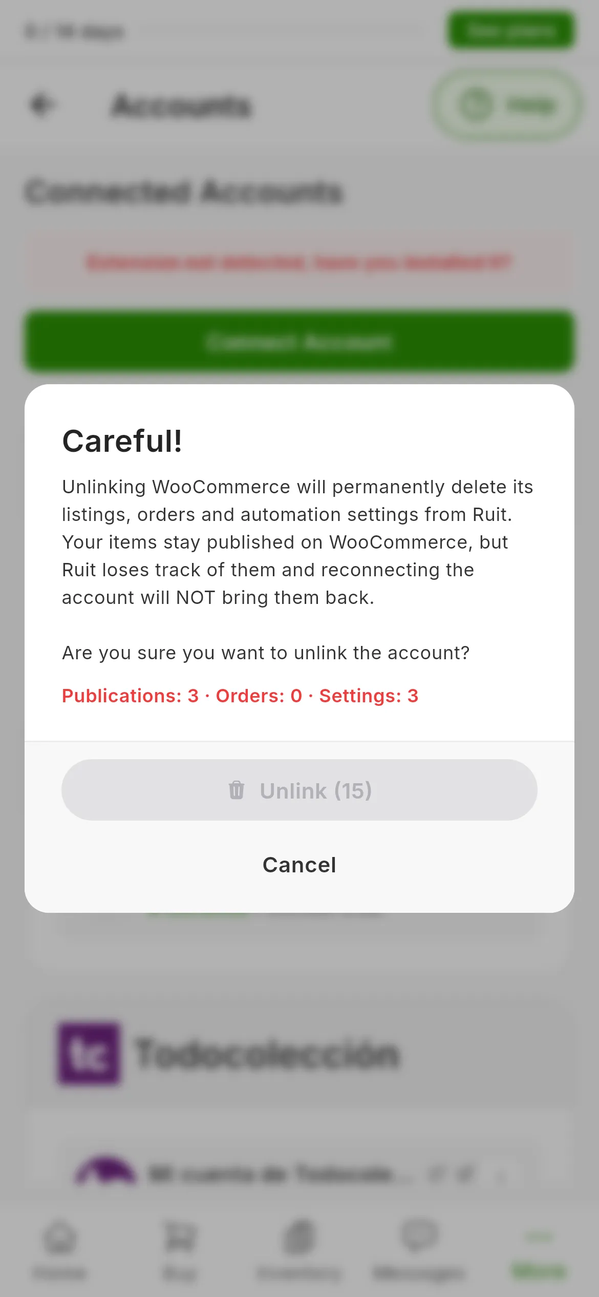 The Careful! warning when unlinking a WooCommerce account: what gets deleted, the question of whether you are sure, the line with the number of publications, orders and settings, and the Cancel and Unlink buttons, the latter still locked with the seconds it has left
