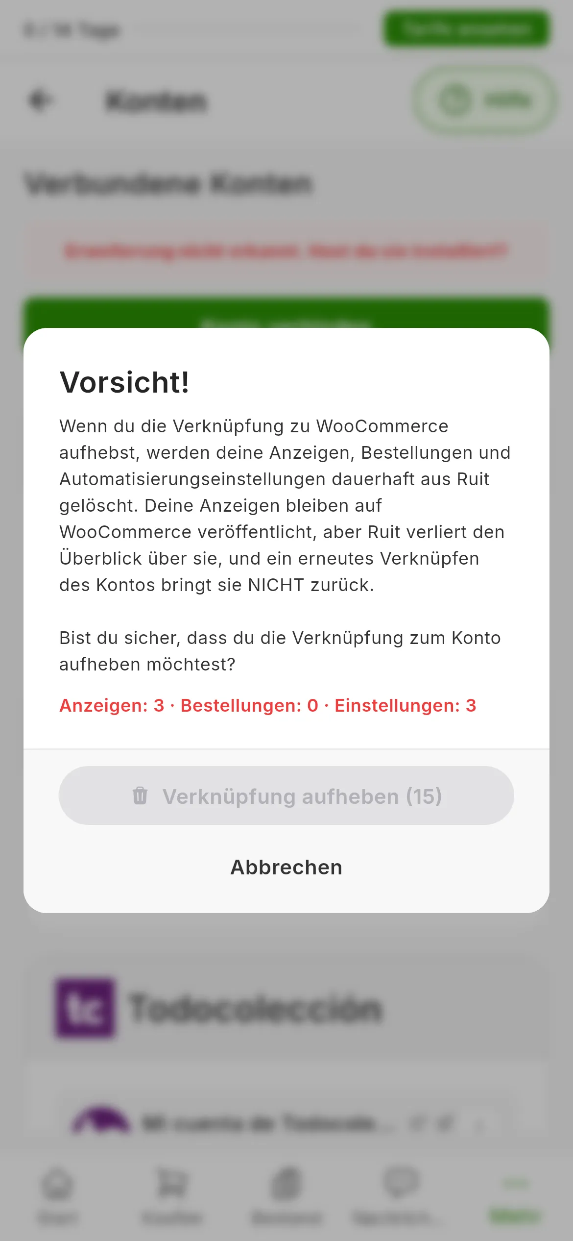 Die Warnung Vorsicht! beim Aufheben der Verknüpfung eines WooCommerce-Kontos: was gelöscht wird, die Frage, ob du sicher bist, die Zeile mit der Zahl der Anzeigen, Bestellungen und Einstellungen und die Schaltflächen Abbrechen und Verknüpfung aufheben, die noch gesperrt ist und die verbleibenden Sekunden zeigt